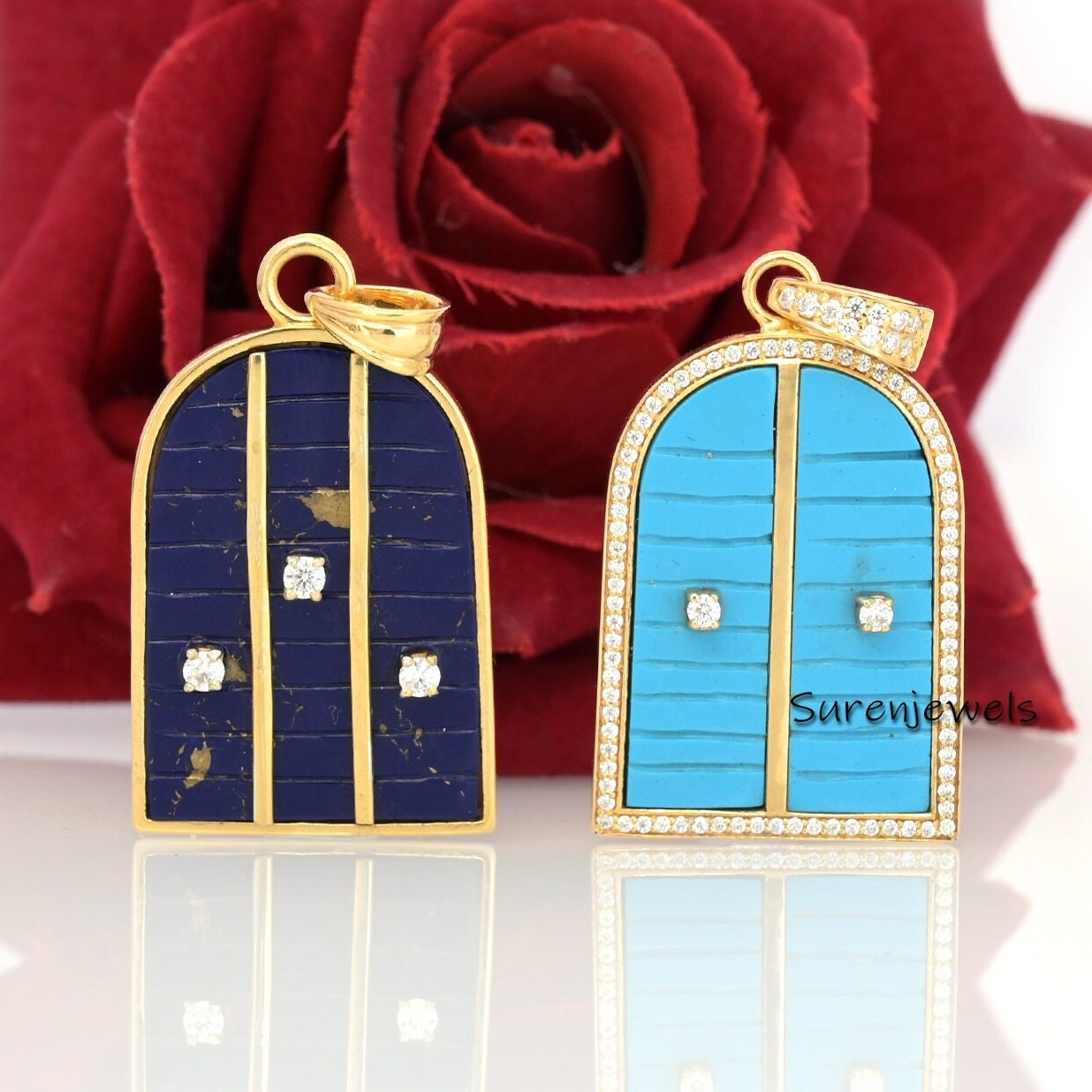 14k Gold Carved Gemstone Pendant: Handmade Vintage Designer Charm - View 2 - Suren Jewels | SKU: SJP2440-SLWGTQMN,SJP4772-SLY