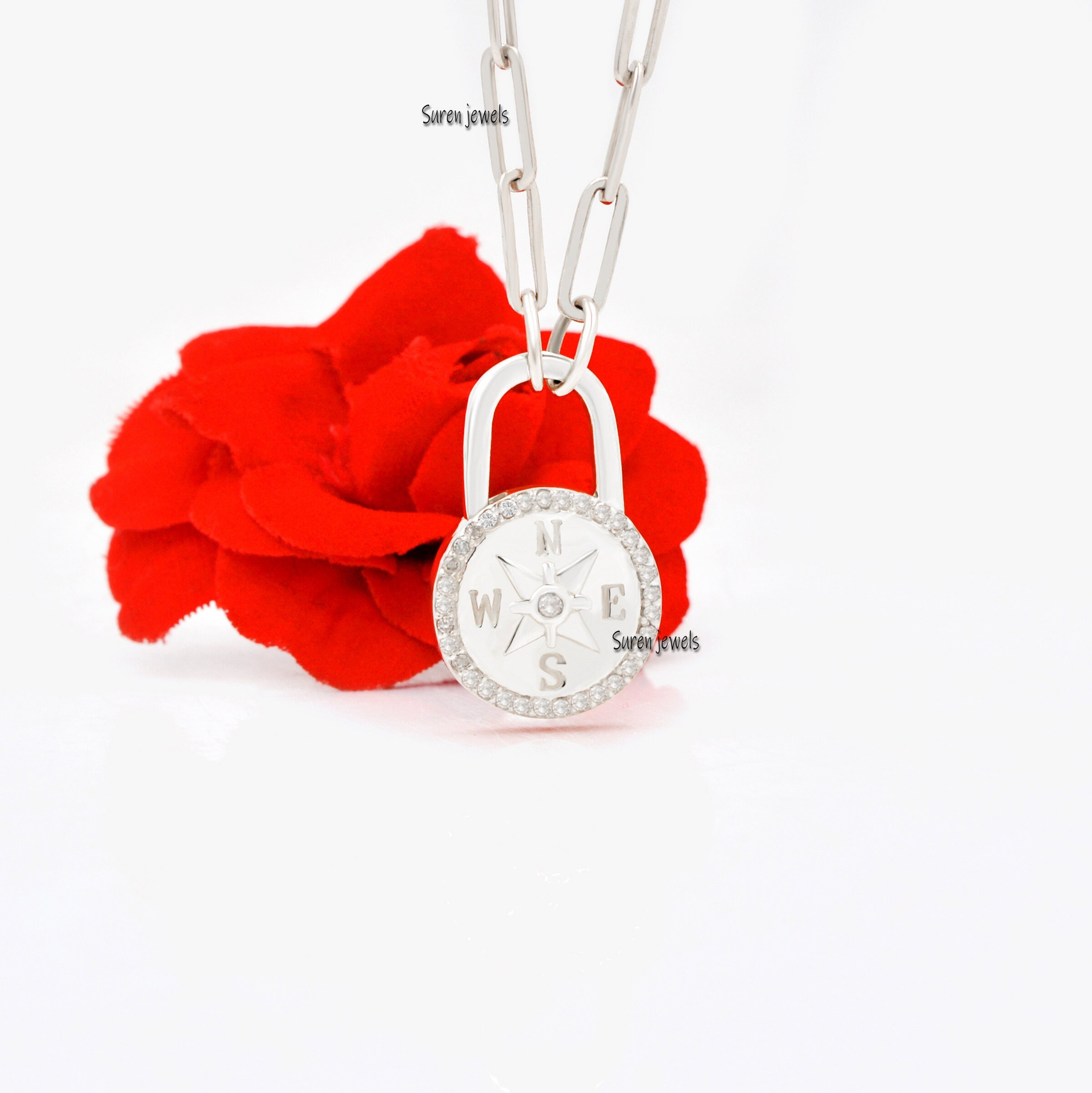 Diamond Compass Charm Lock: 925 Silver Gemstone Padlock Pendant - View 4 - Suren Jewels | SKU: SJP889-SLWGDI