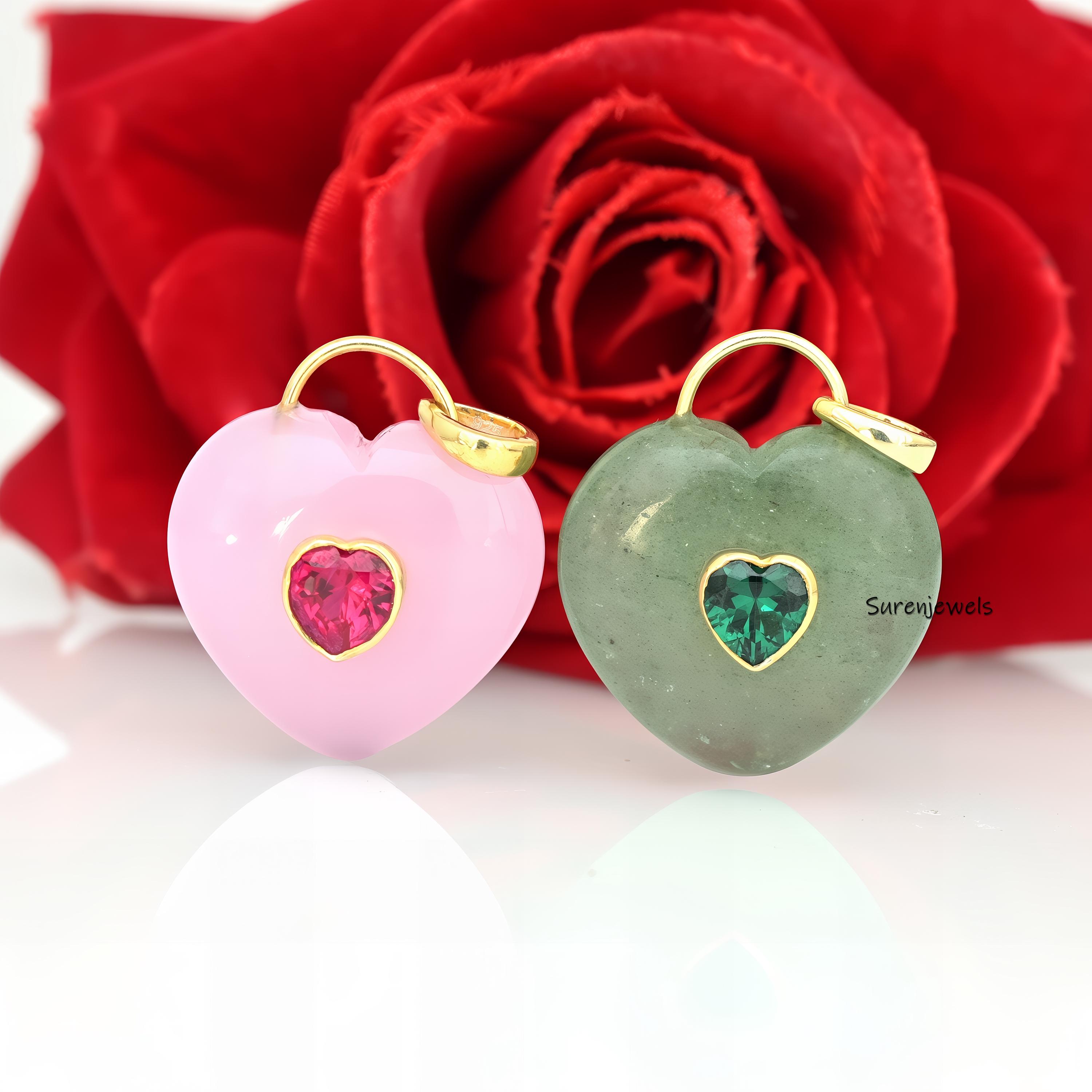 14K Gold Gemstone Heart Pendant padlock: Silver Designer Heart (35 MM) - View 2 - Suren Jewels | SKU: SJP4163-SLYGWAPCZ-35M