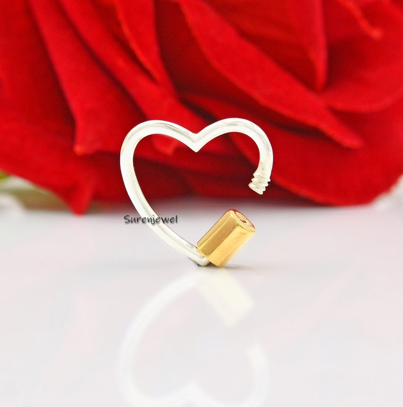 14K Gold Plated Heart Carabiner Lock: Silver Screw Jewelry Connector - Suren Jewels | SKU: SJC27-SLNSYG-20M-N22