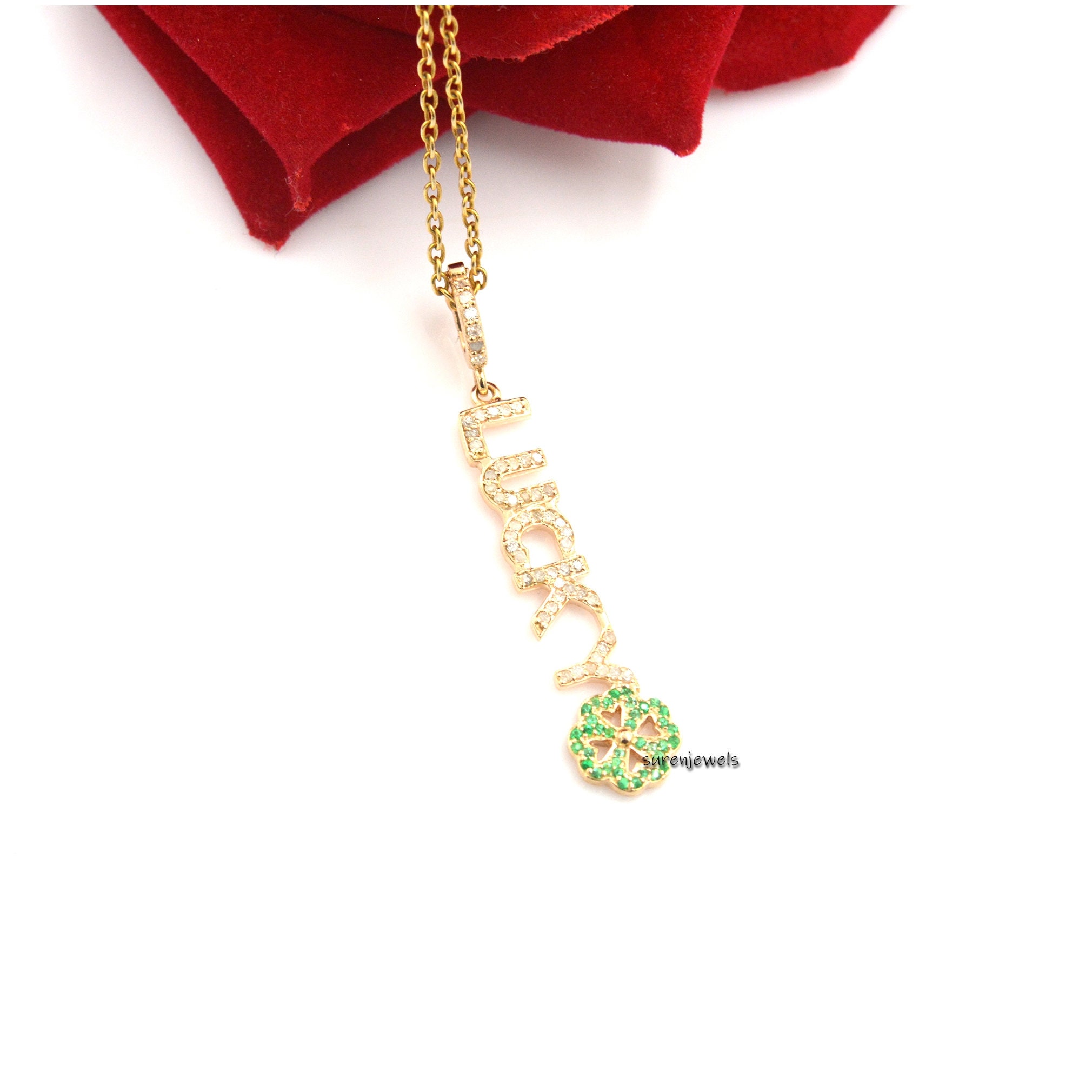 14K Gold Diamond Lucky Pendant: Initial Letter Charm - View 5 - Suren Jewels | SKU: SJP1348-14KYGDIMT