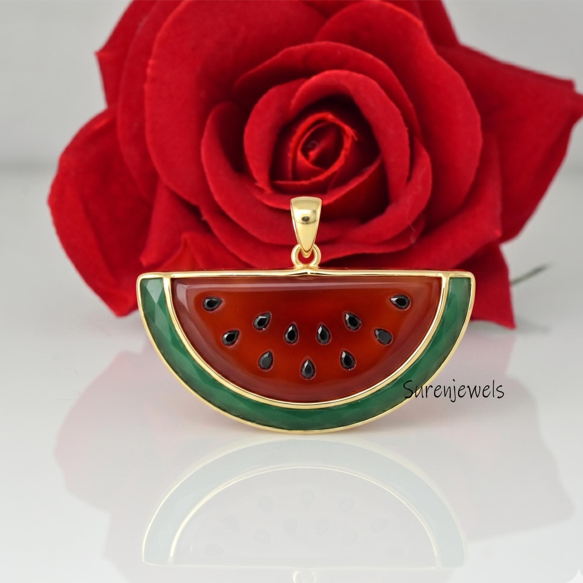 14k Gold Watermelon Pendant, Gemstone Watermelon Pendant, 14k Watermelon Fruit Pendant, 14k Gemstone Fruit jewelry, Carved Ge