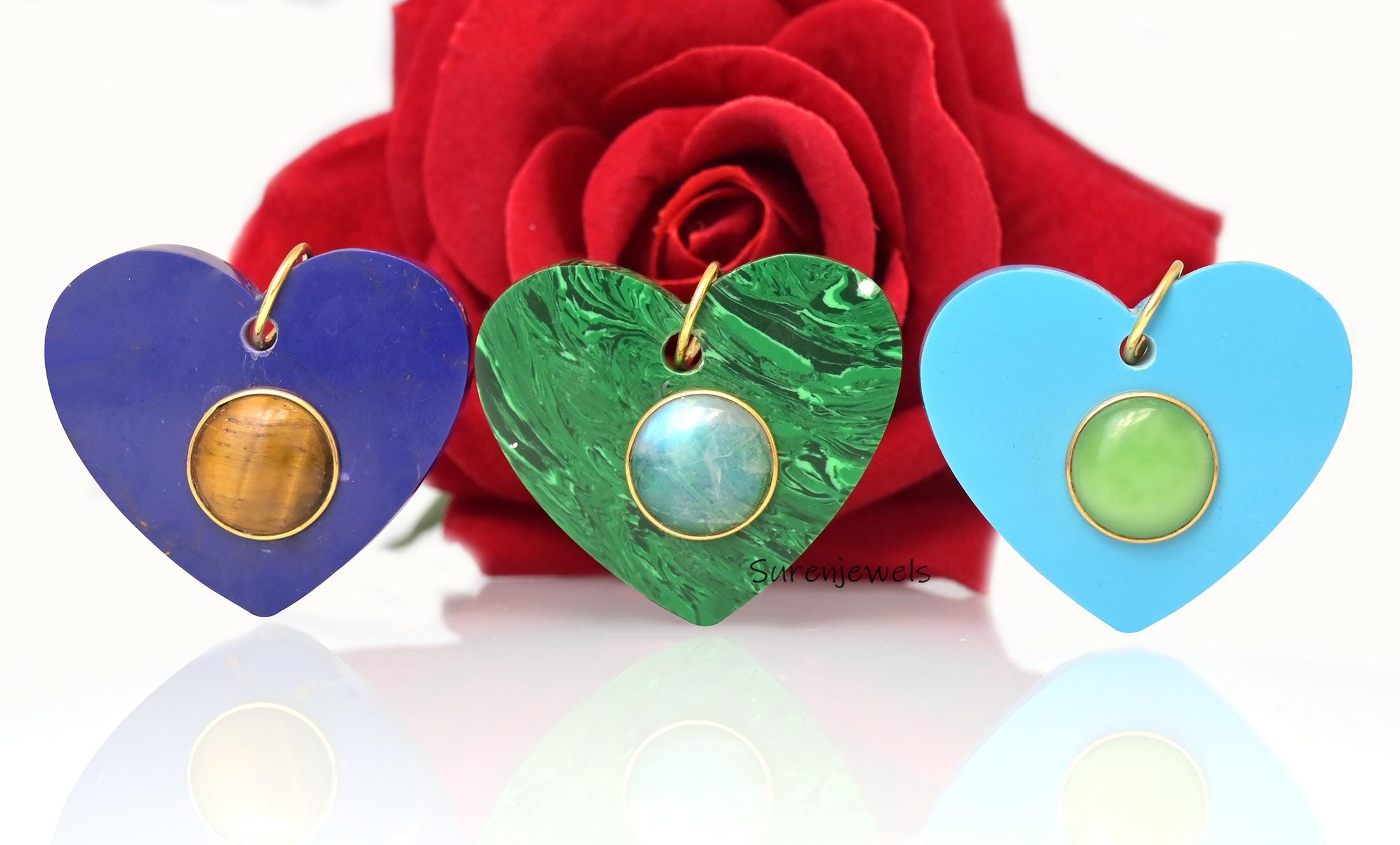 14k Gold Malachite Heart Pendant, Carving Heart Pendant, Natural Gemstone Heart Pendant, All Gemstone Heart Pendant - Suren J