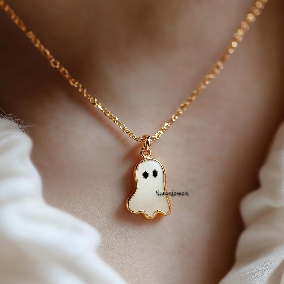 14K Gold Gemstone Ghost Pendant, Halloween Charm (25 MM) - Etsy