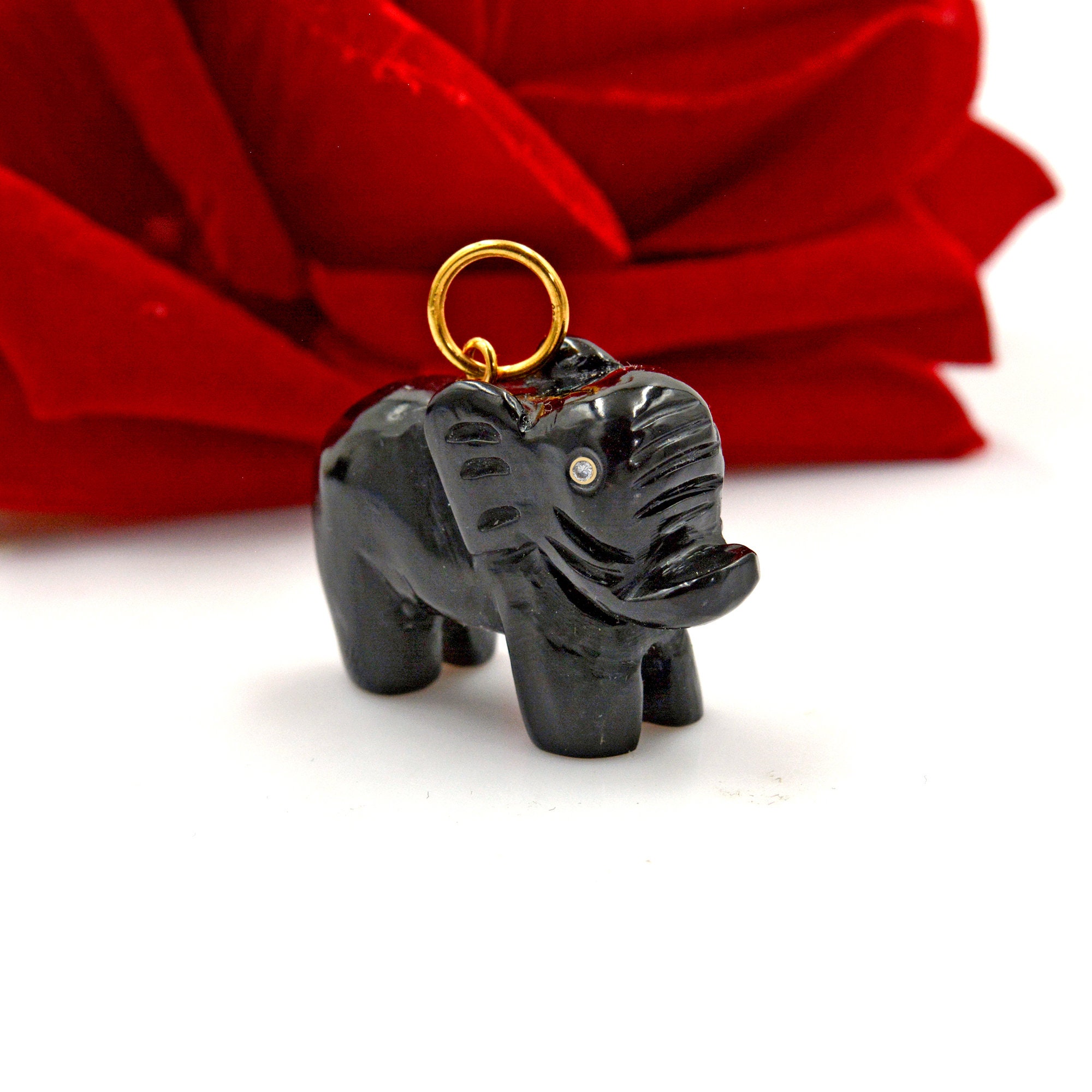 14k Gold Carved Gemstone Elephant Pendant - Coral or Druzy Charm - View 4 - Suren Jewels | SKU: SJP1165-SLYGRQ