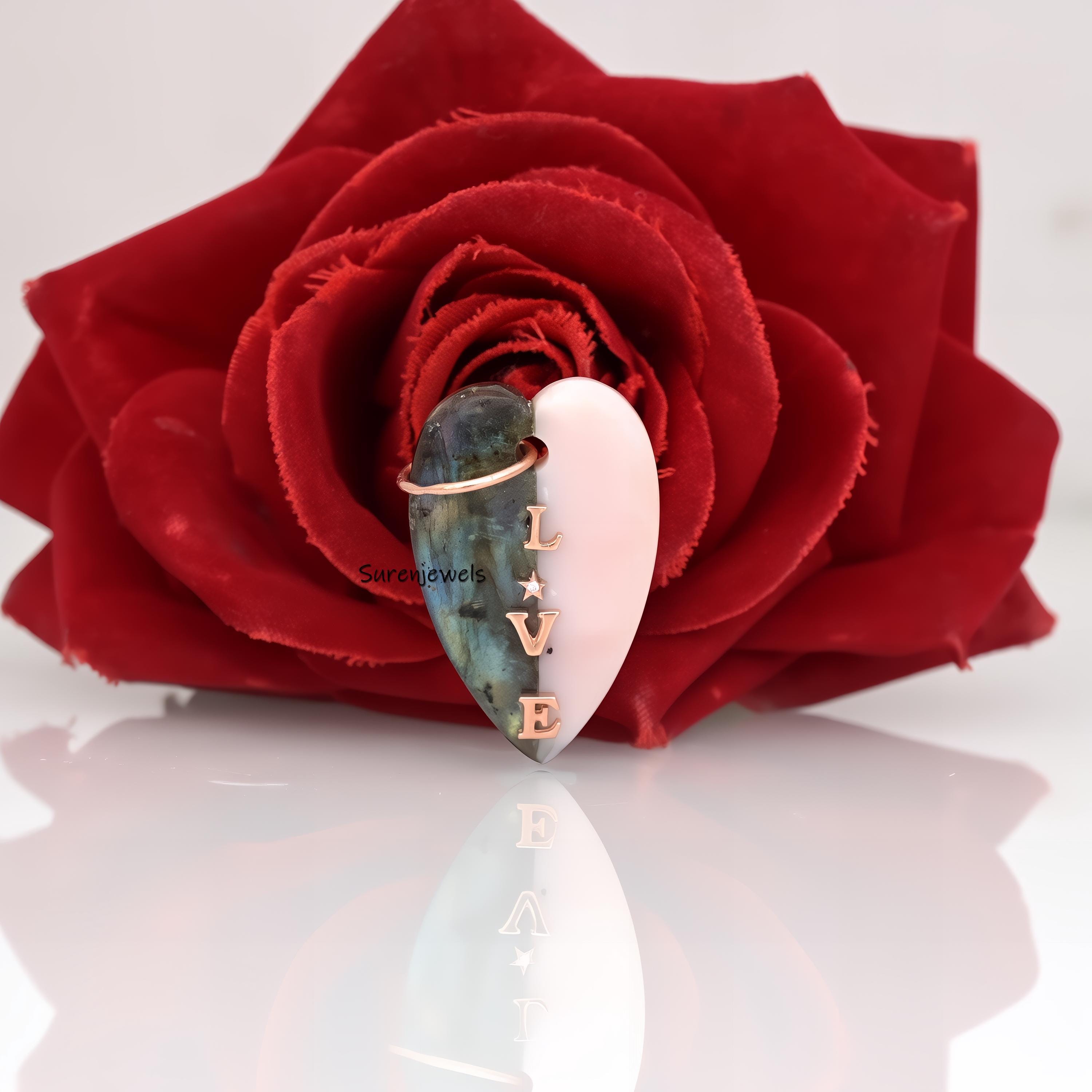 14k Gold Gemstone Heart Letter pendant: Coral & Crystal Love Pendant - Suren Jewels | SKU: SJP1619-