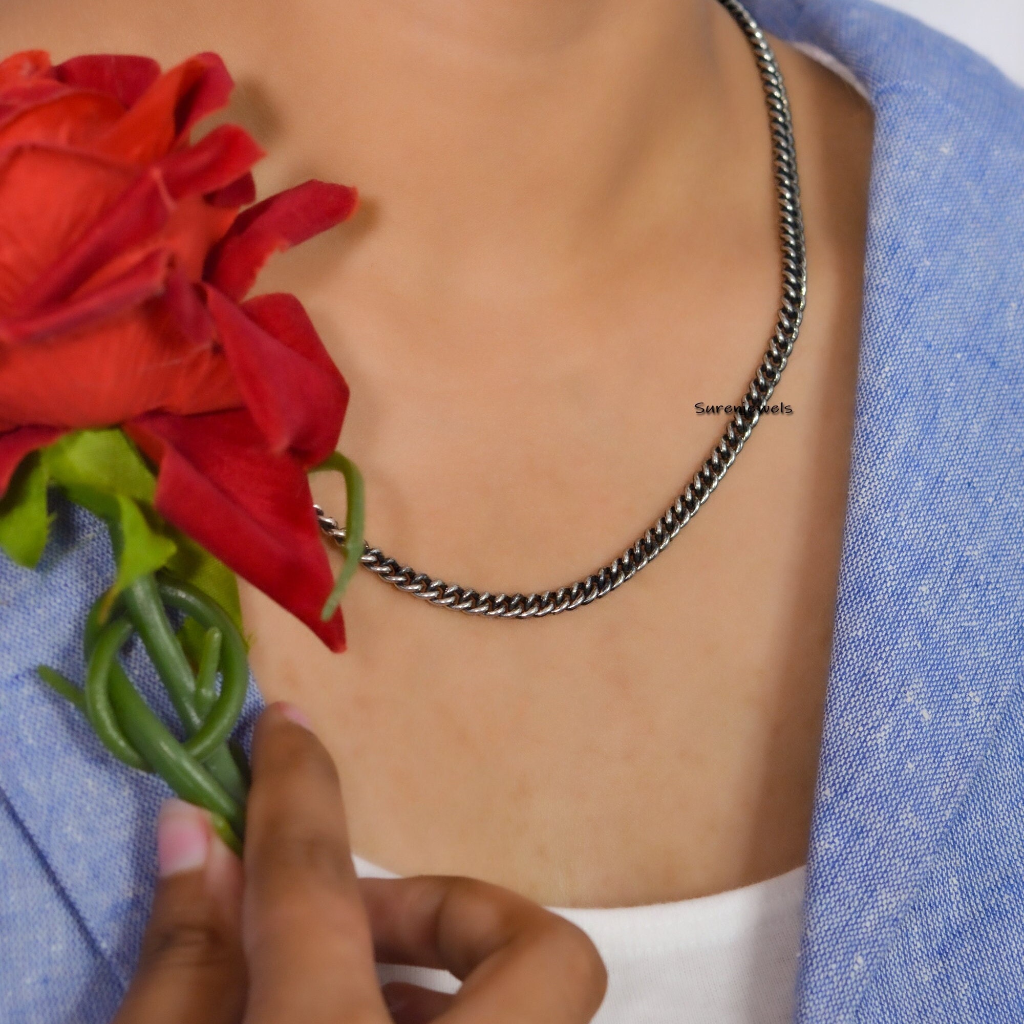 Oxidized Sterling Silver Curb Chain: Handmade Carabiner Link Necklace - View 2 - Suren Jewels | SKU: SJN22/G17-SLOXYG-5M-14I