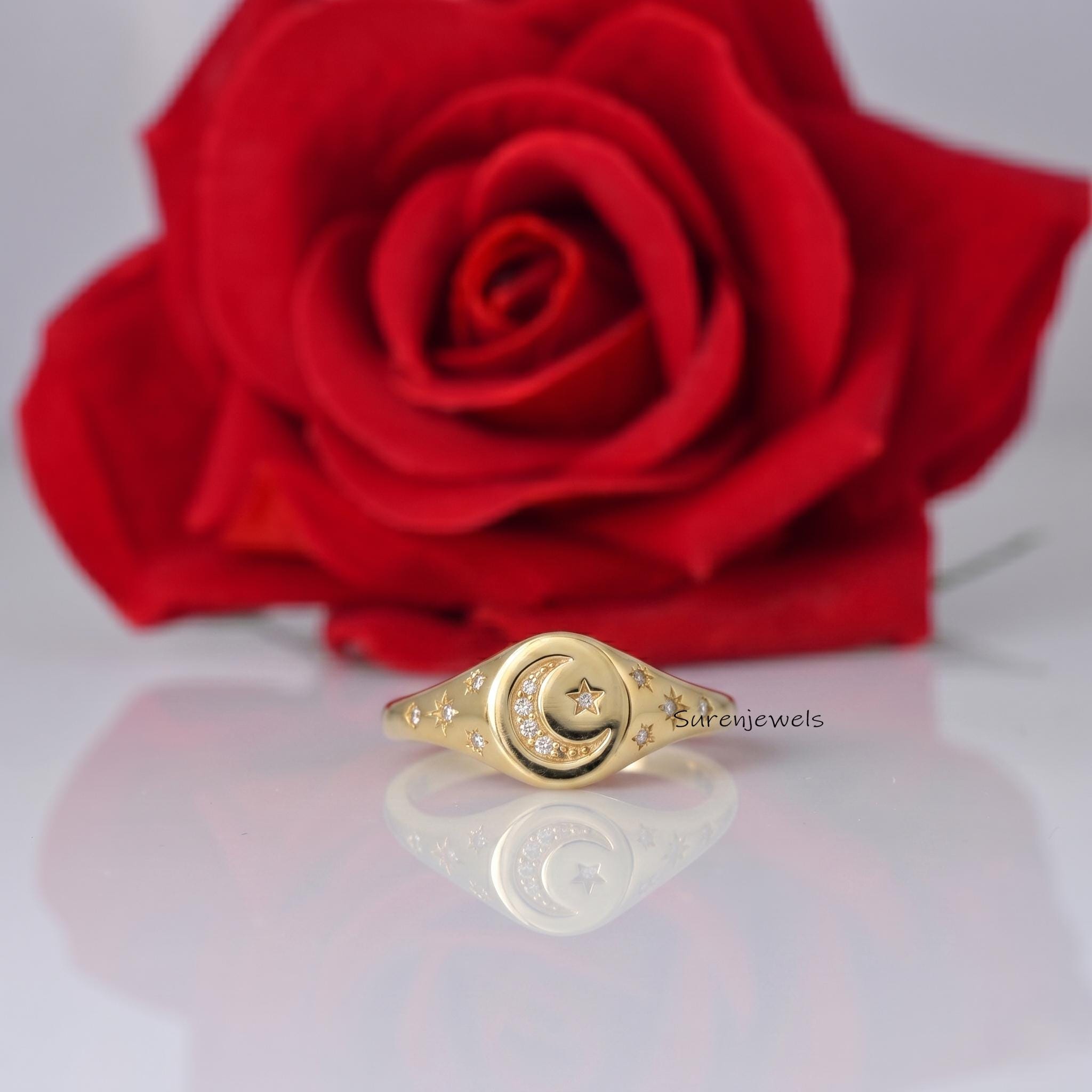 14K Gold Signet Celestial Moon Star Ring, Diamond Signet Celestial Ring, Gemstone Star Moon Ring, Diamond Star Ring, Designer