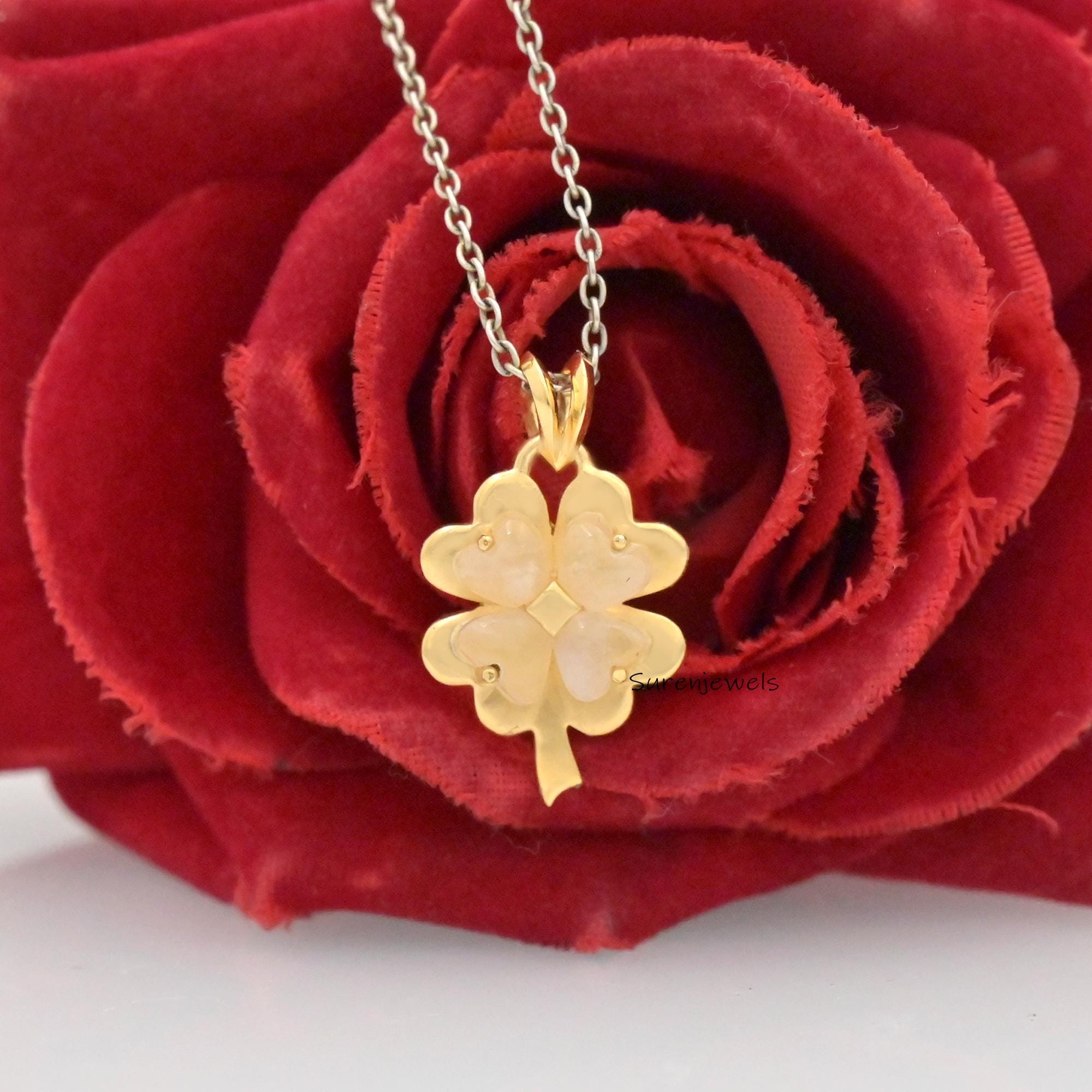 Four Leaf Clover Necklace, Lucky Charm Pendant, Gold Plated Shamrock Jewelry, Dainty Botanical Necklace, Gift for Her - View