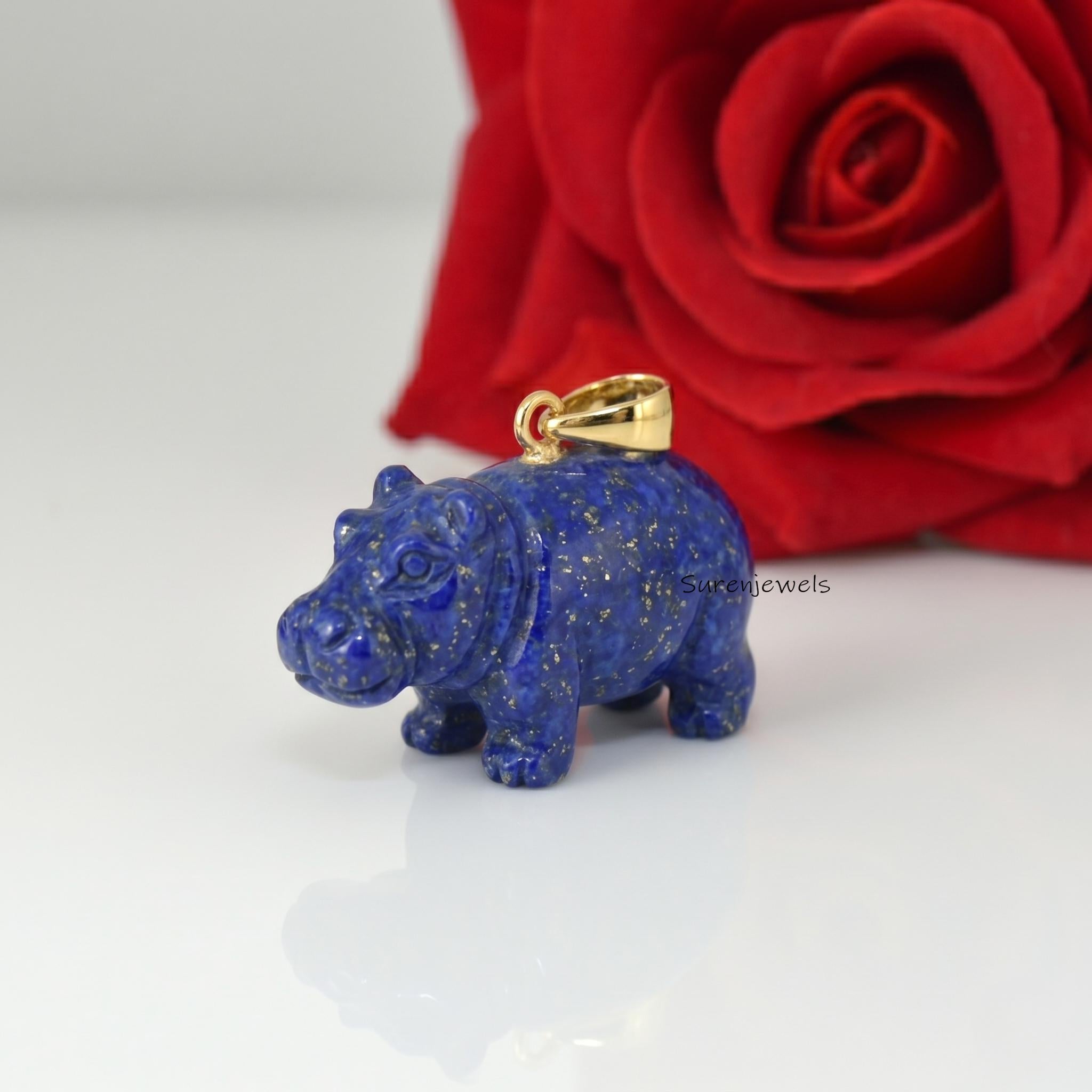 14K Gold Gemstone Hippo Pendant, hand carved Gemstone hippo pendant, Rose Quartz Hippo Charm, Hippo Animal Jewelry, Carving H