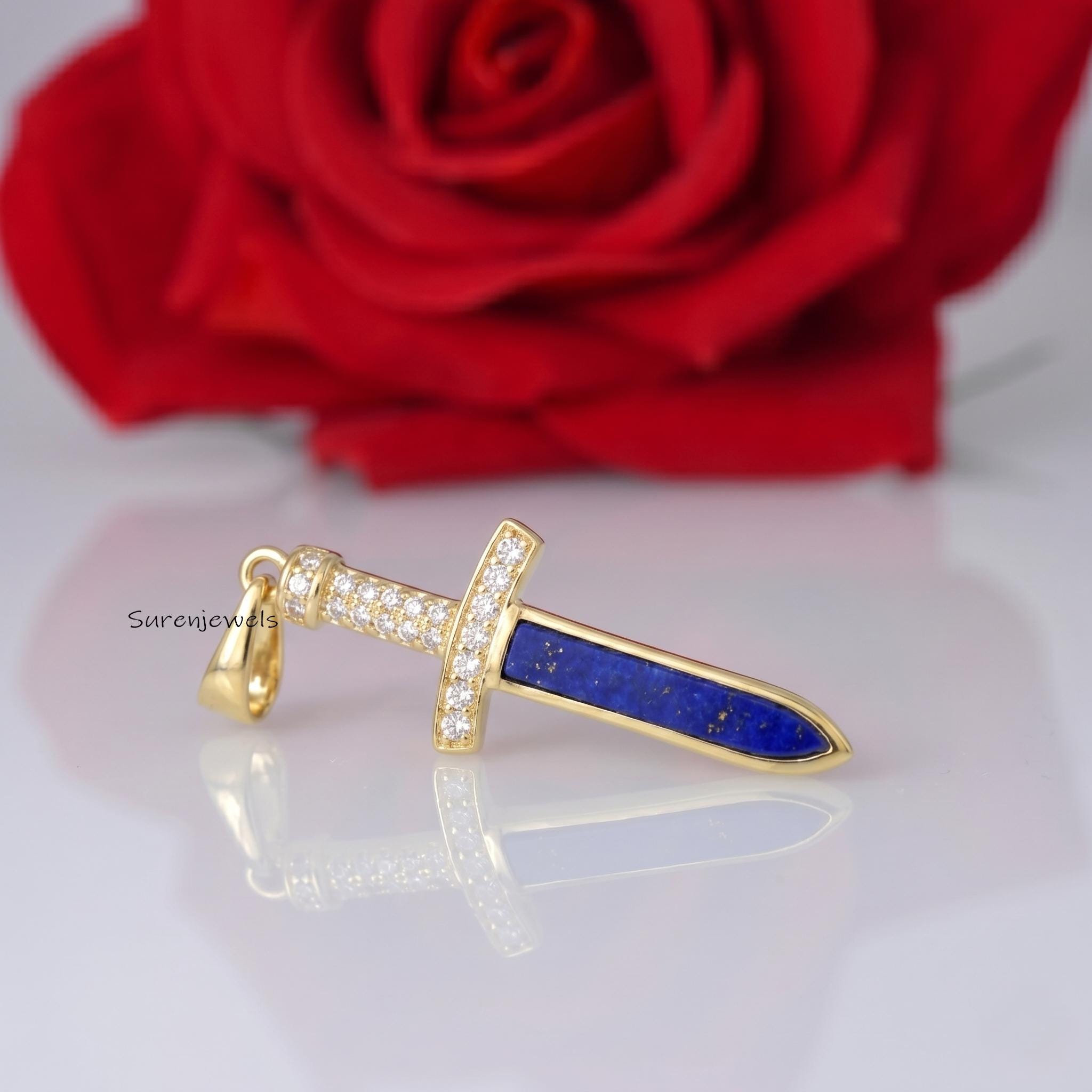 Lapis Lazuli Dagger Pendant, Sword Necklace, Gold Dagger Jewelry, Unique Sword Gift, Minimalist Gold Pendant, Gift for Him an