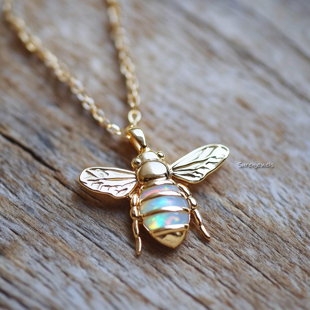 14k Gold Opal Honey Bee Pendant: Dainty Gemstone Bee Charm - View 4 - Suren Jewels | SKU: SJP4623-SLYGOPCZ-25M,SJP4496-SLNSEO
