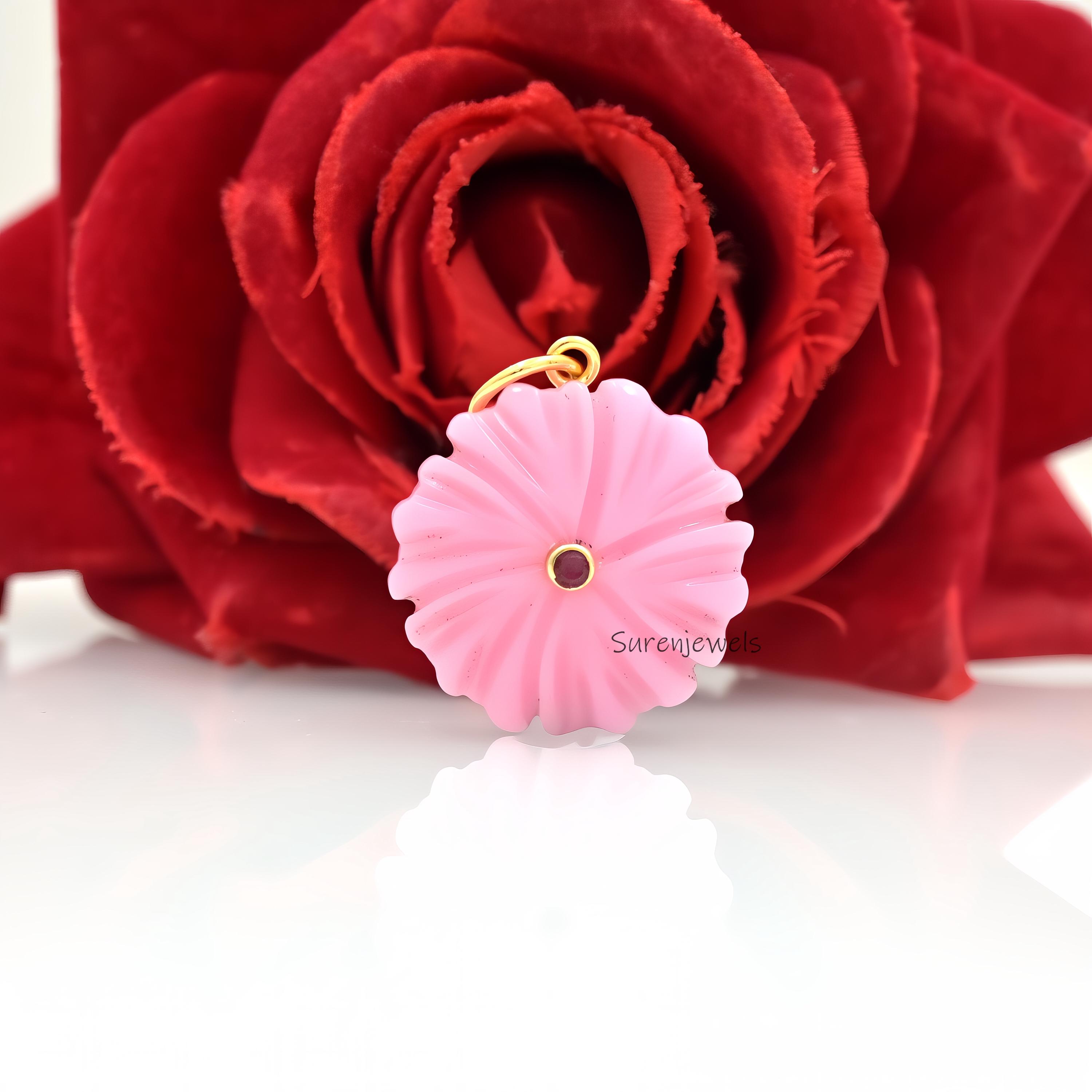 14K Gold Flower Pendant: Gemstone & Ruby CZ Charm - View 6 - Suren Jewels | SKU: SJP4375-SLYGOCRGCZ-25M