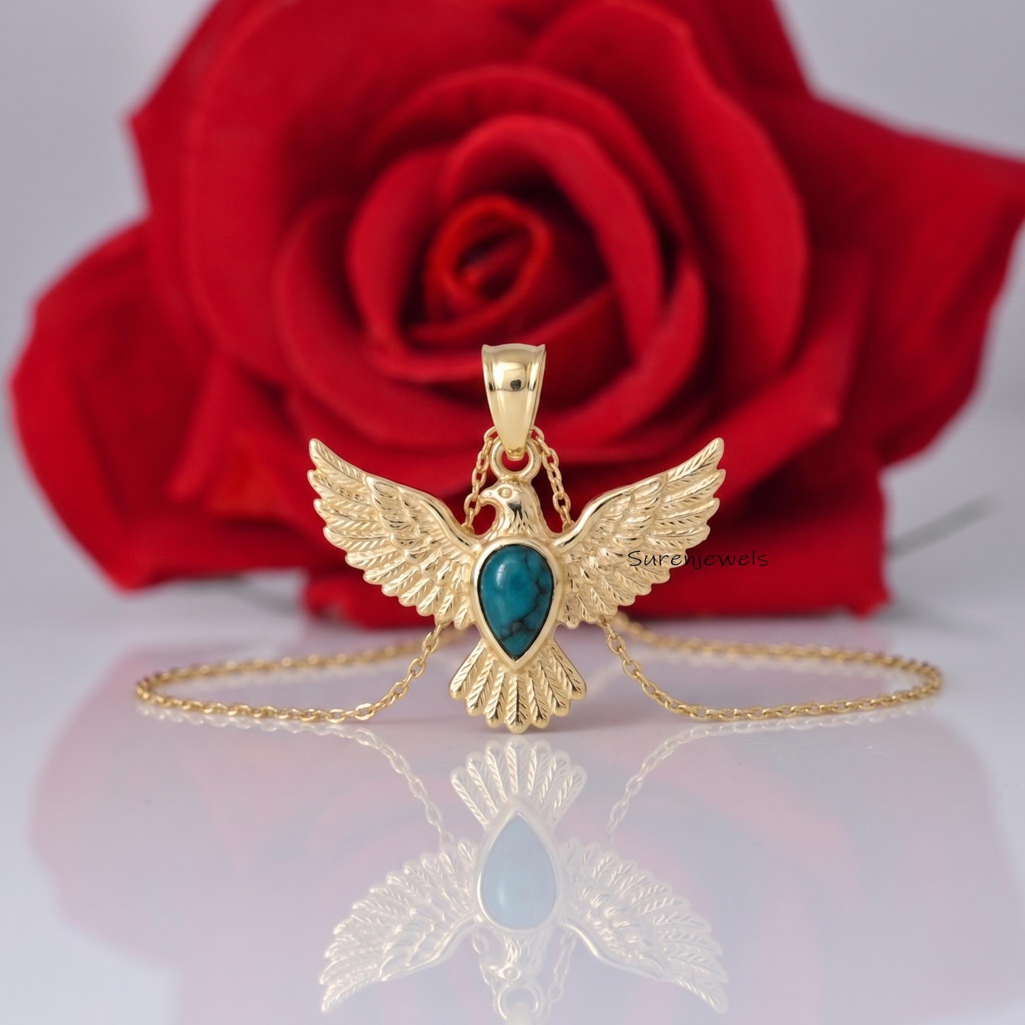 Gold Eagle Pendant with Turquoise, Eagle Bird Pendant, Eagle Statement Jewelry, Spiritual Protection Pendant, Delicate Bird C