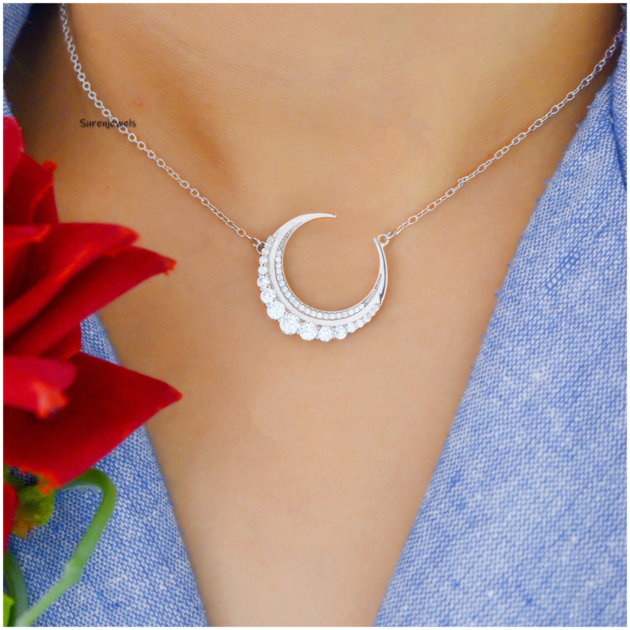 925 Silver Moissanite Crescent Moon Pendant Necklace (30mm) - View 3 - Suren Jewels | SKU: SJN677-SLWGMN-16I