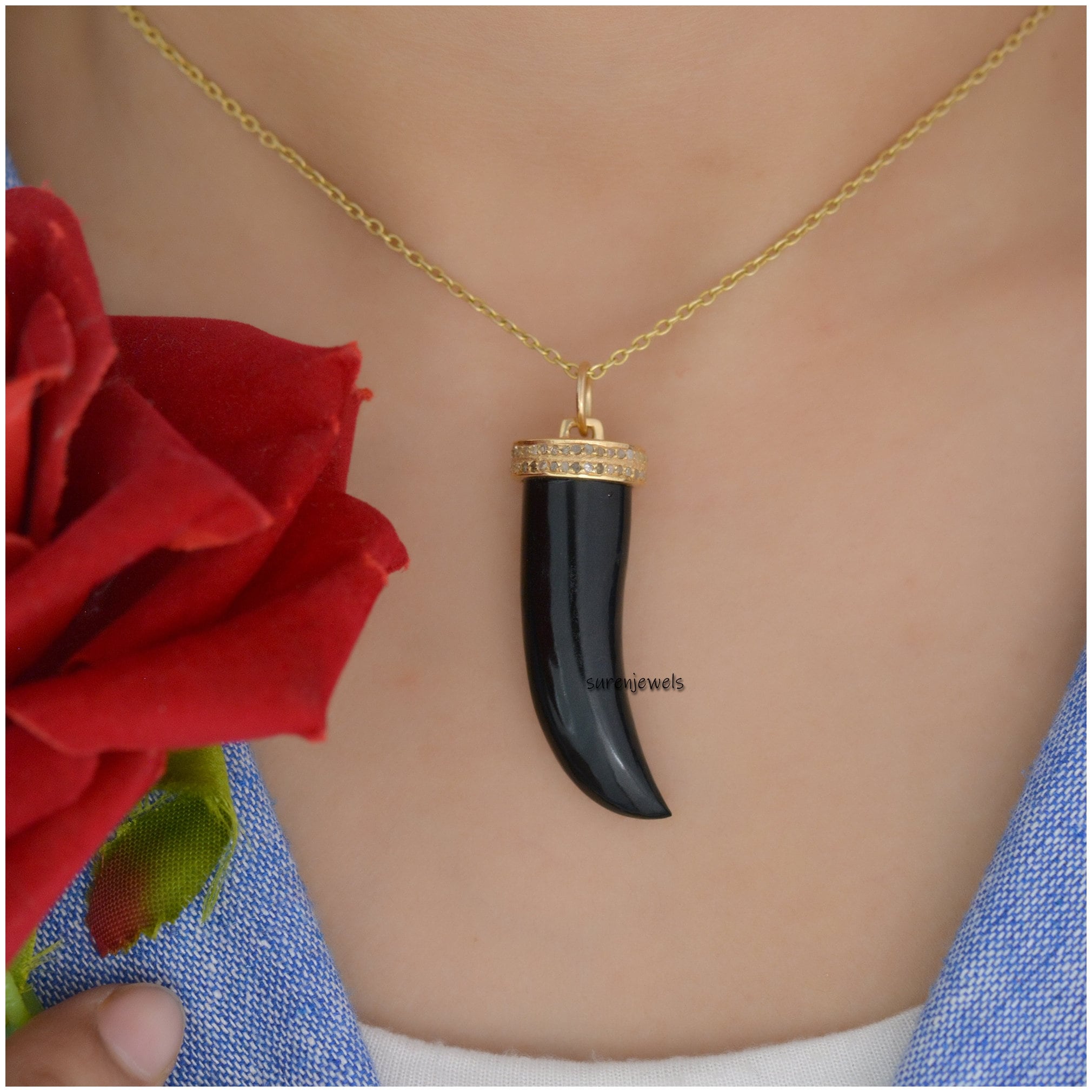 14K Gold Gemstone Horn Pendant: Handmade Italian Cornicello Charm - View 3 - Suren Jewels | SKU: SJP1330-SLYGBODI-25 M