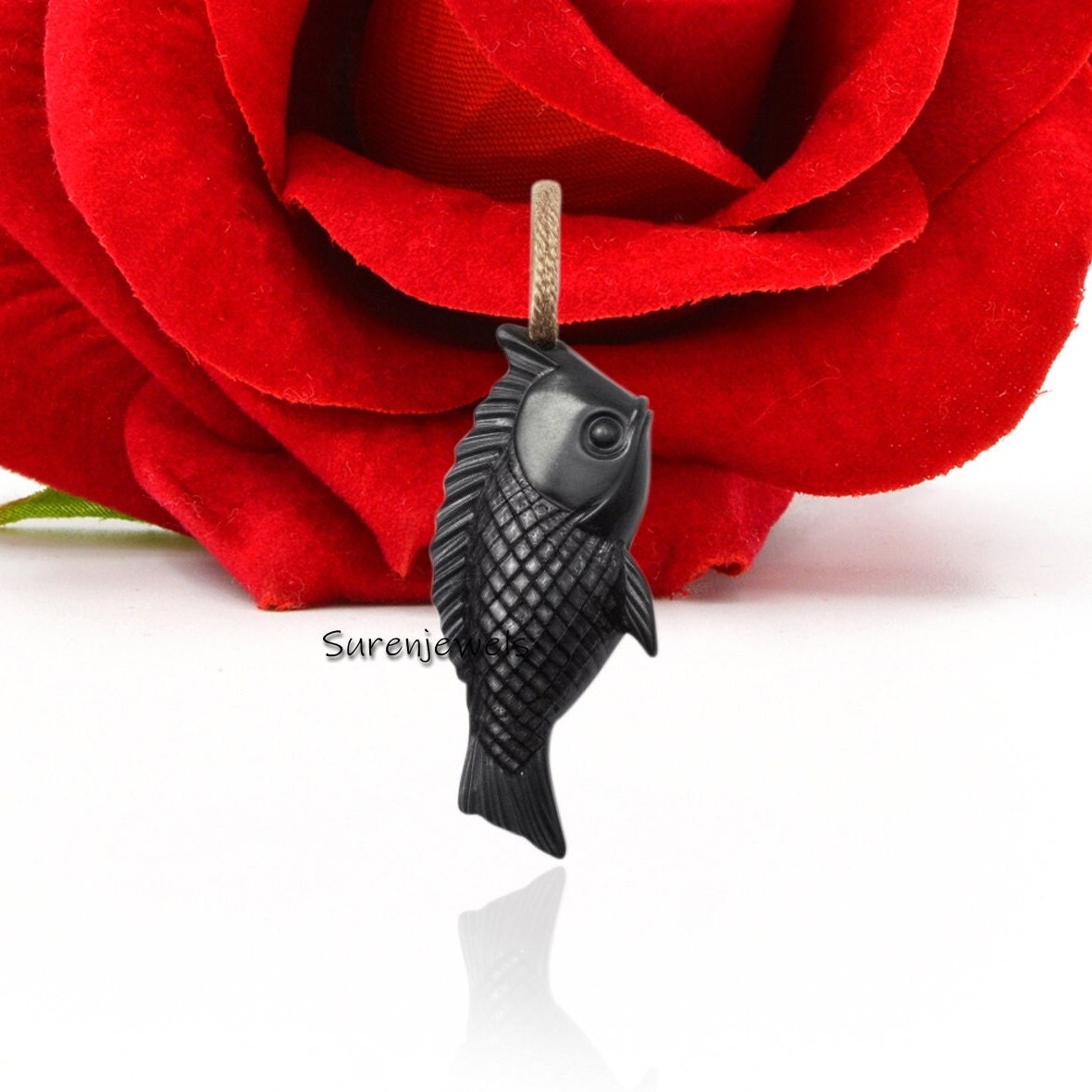Handmade Carved Gemstone Fish Pendant: Lucky Charm (29x20 mm) - Suren Jewels | SKU: SJP1791-9KYGBO