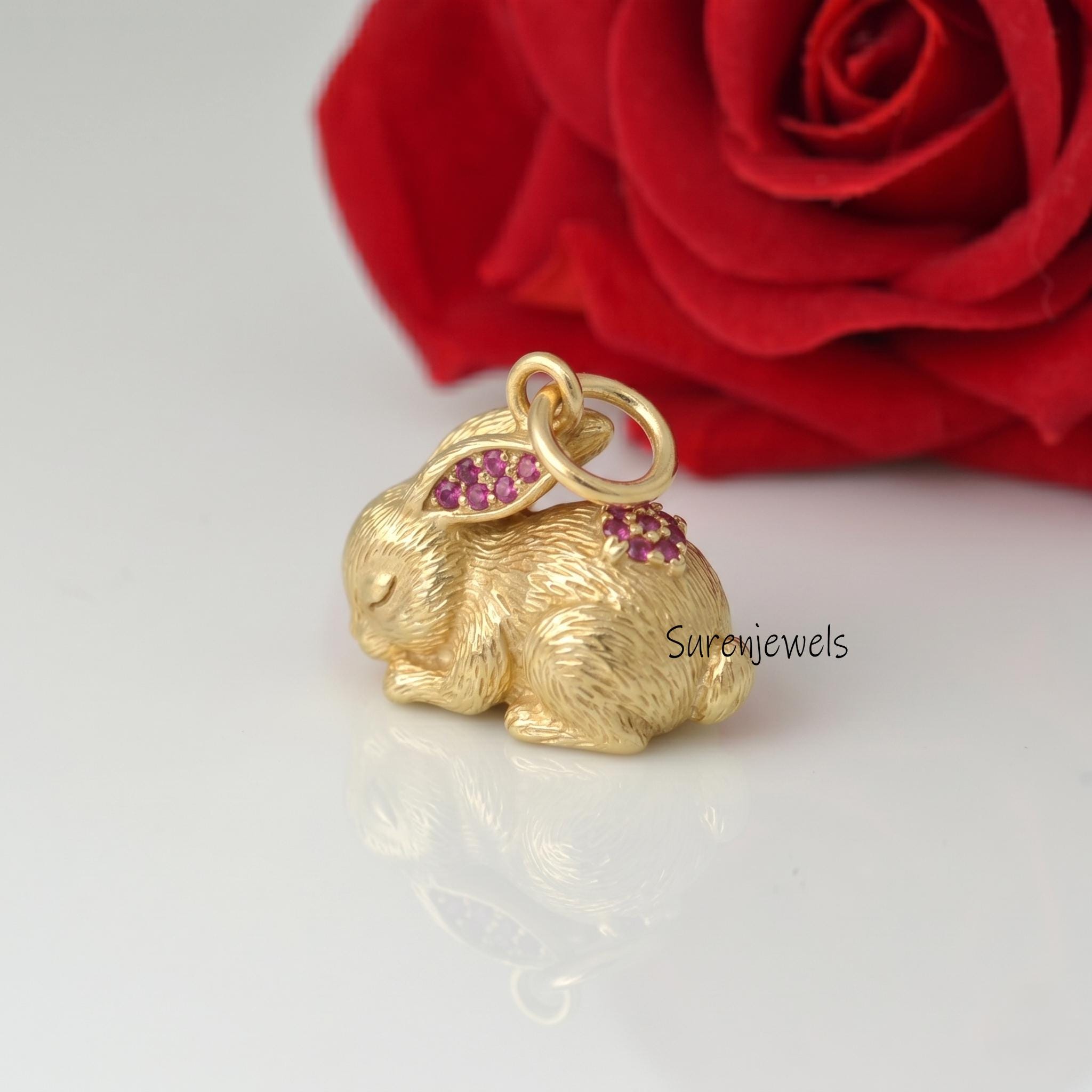 14K Gold Rabbit Bunny Pendant, Gold Textured Bunny Rabbit Pendant, Gold Animal Jewelry, Rabbit Charm, Designer Rabbit Pendant