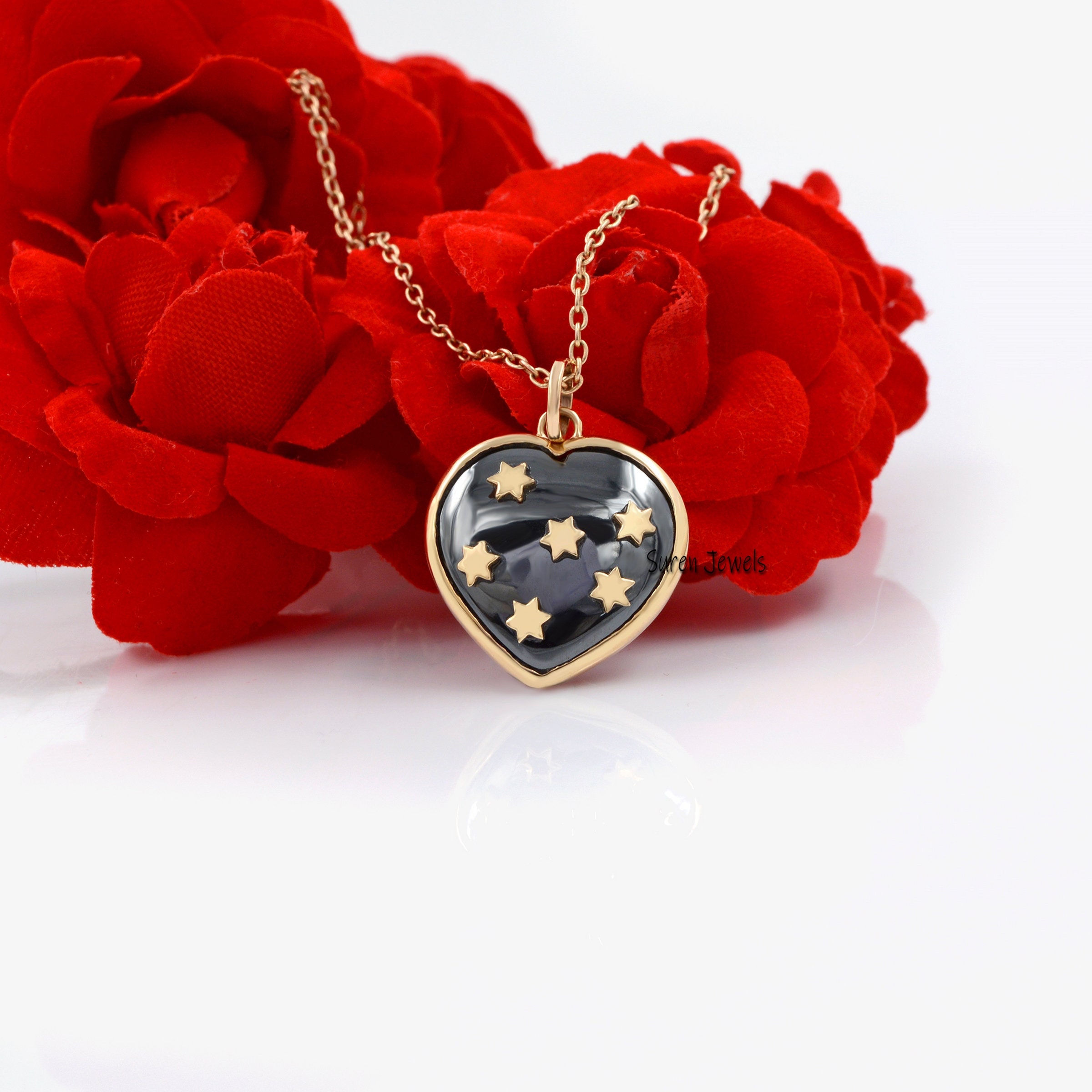 Handmade 14K Gold Gemstone Heart Pendant, Tiny Star Design - View 2 - Suren Jewels | SKU: SJP758-14KYGHT-20M