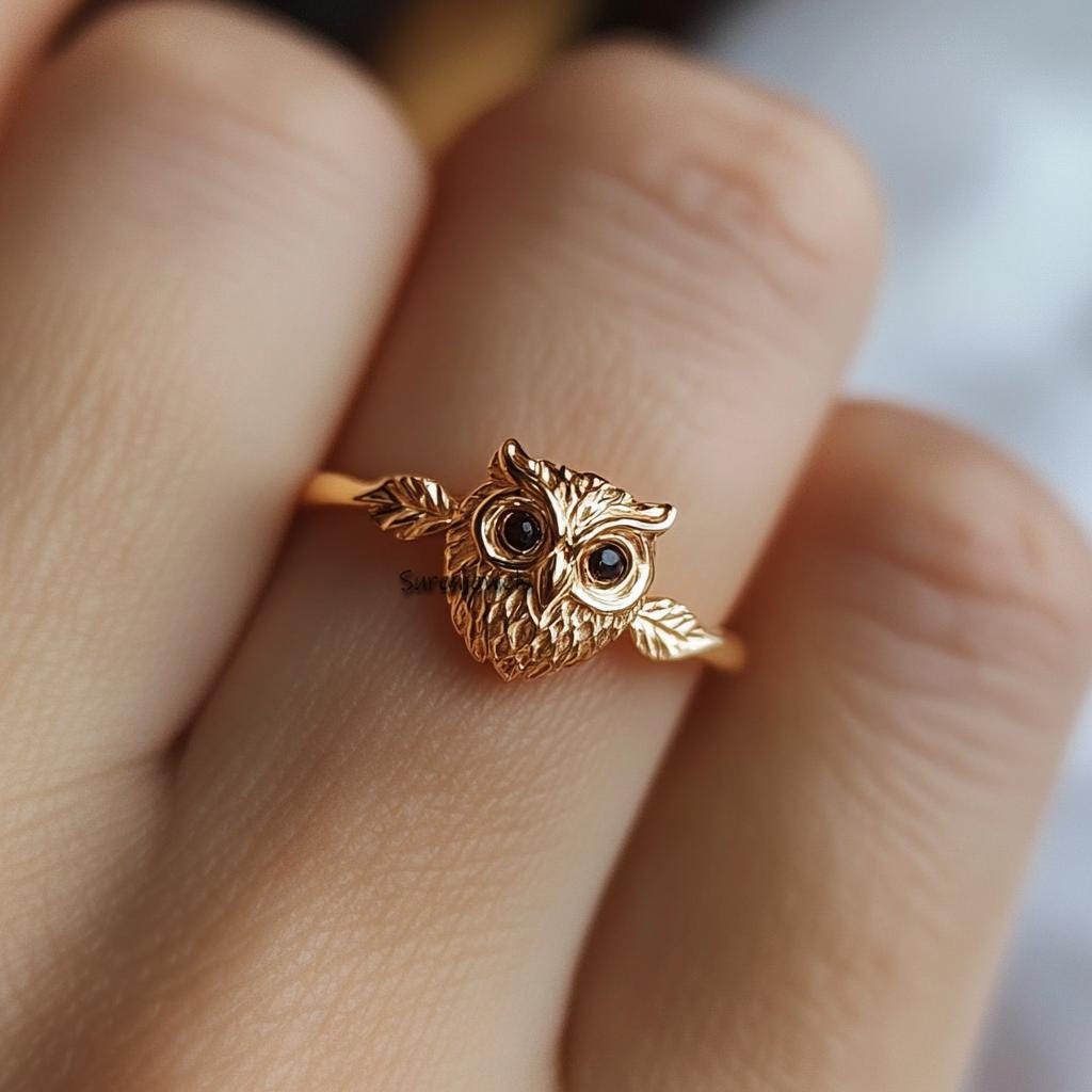 14k Gold Owl Ring: Dainty Animal Jewelry - View 3 - Suren Jewels | SKU: SJR2925-SLYGBKCZ-US-6,SJR2981-SLNSCZ-US-8,SJR