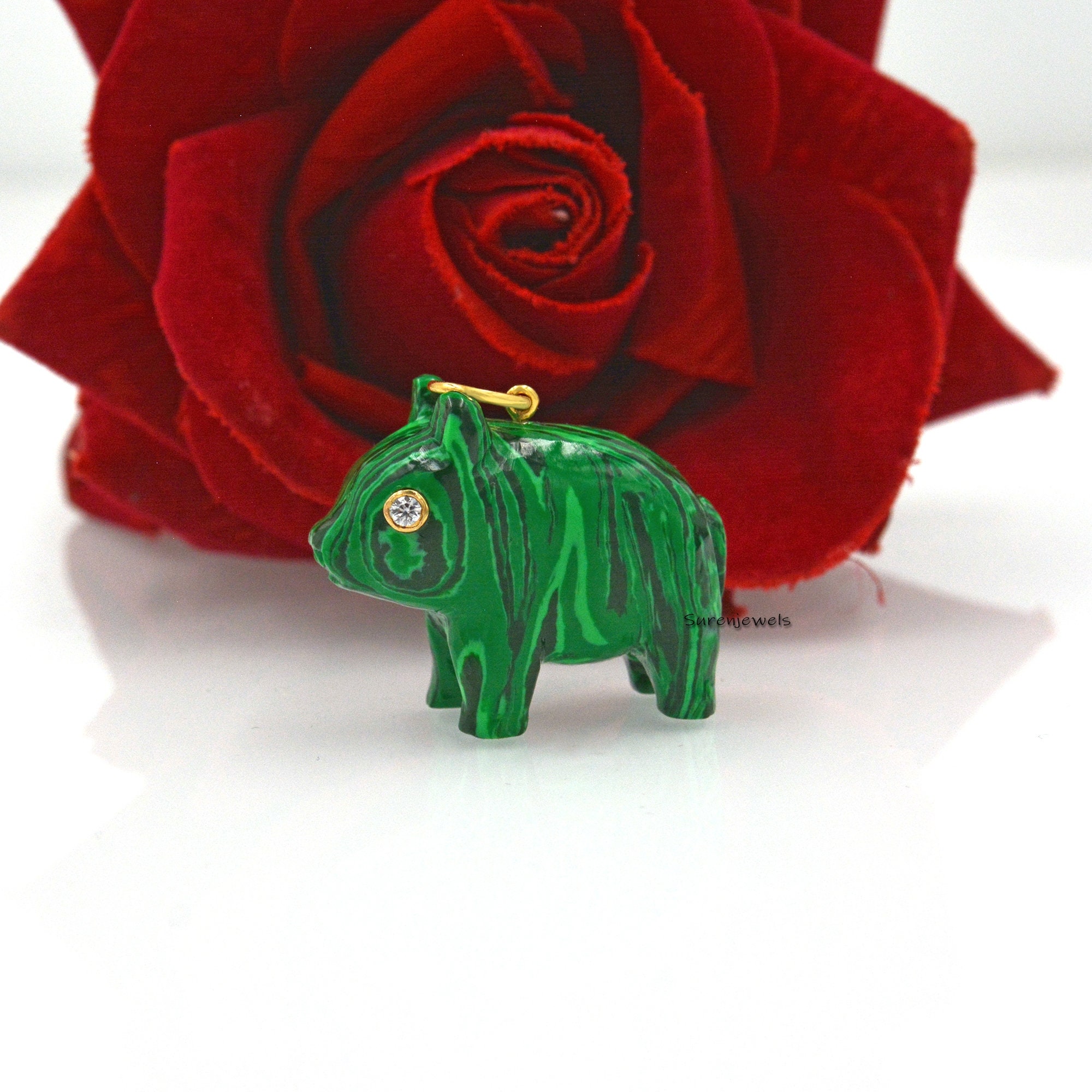 14K Gold Carved Gemstone Pig Pendant, Opal Piggy Charm - View 7 - Suren Jewels | SKU: SJP1164-SLYGRQ