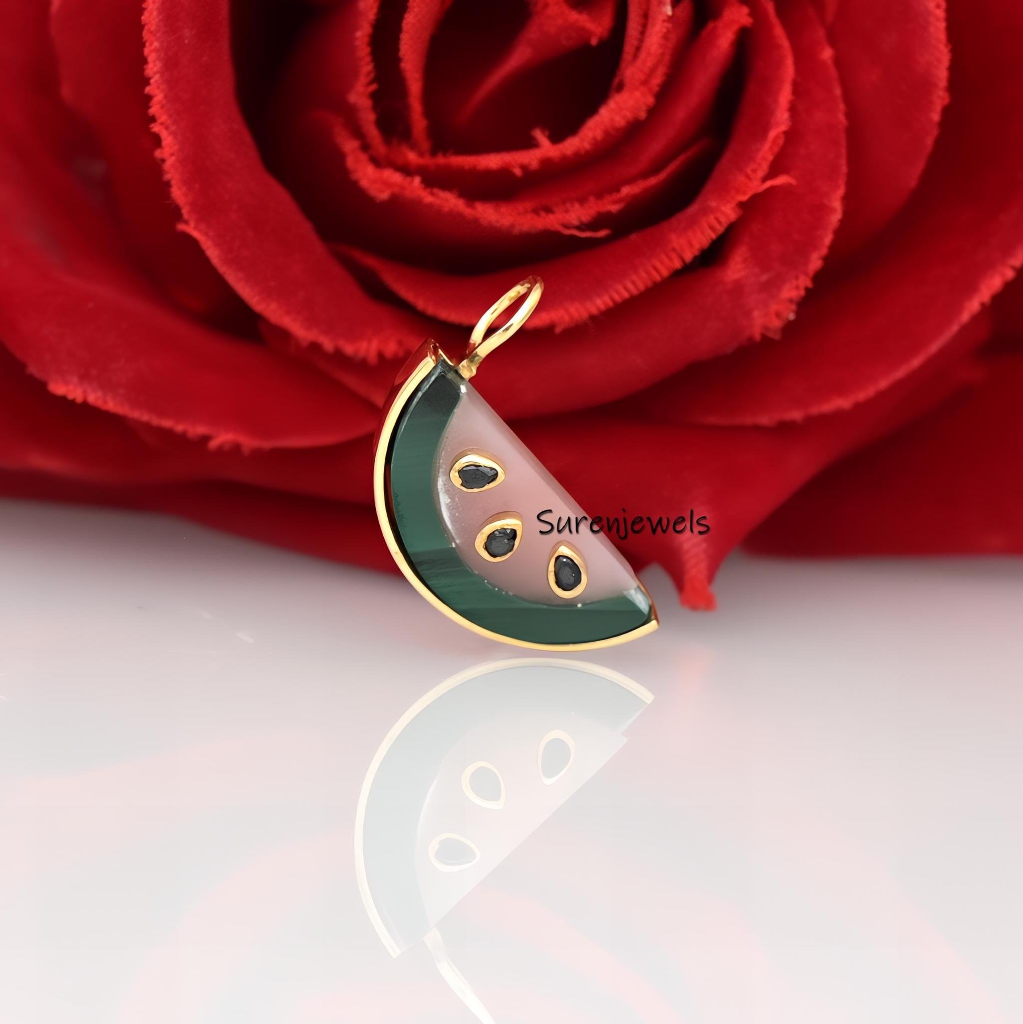 14k Gold Carved Gemstone Watermelon Pendant - Suren Jewels | SKU: SJP1657