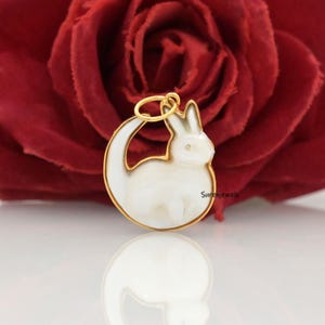 14K Gold Gemstone Carved Rabbit Pendant (30mm)