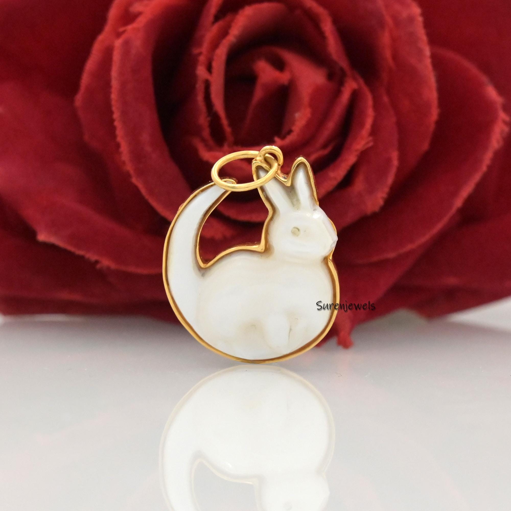 14K Gold Gemstone Carved Rabbit Pendant (30mm) - Suren Jewels | SKU: SJP4429-SLWGOP-30M,SJP4334-SLYGMOP-25M,SJP4428-SLYGMS-30