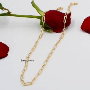 May include: A gold chain necklace with a paperclip chain style. The necklace is photographed against a white background with a red rose.