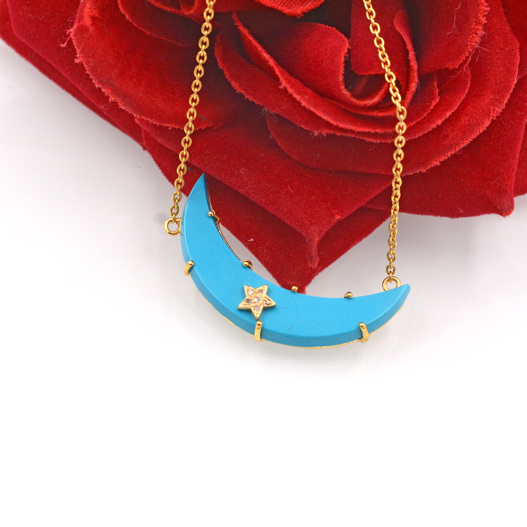 14k Gold Plated Turquoise Moon Pendant Necklace: Gemstone Jewelry - View 2 - Suren Jewels | SKU: SJN693-SLNSDIMK-18I