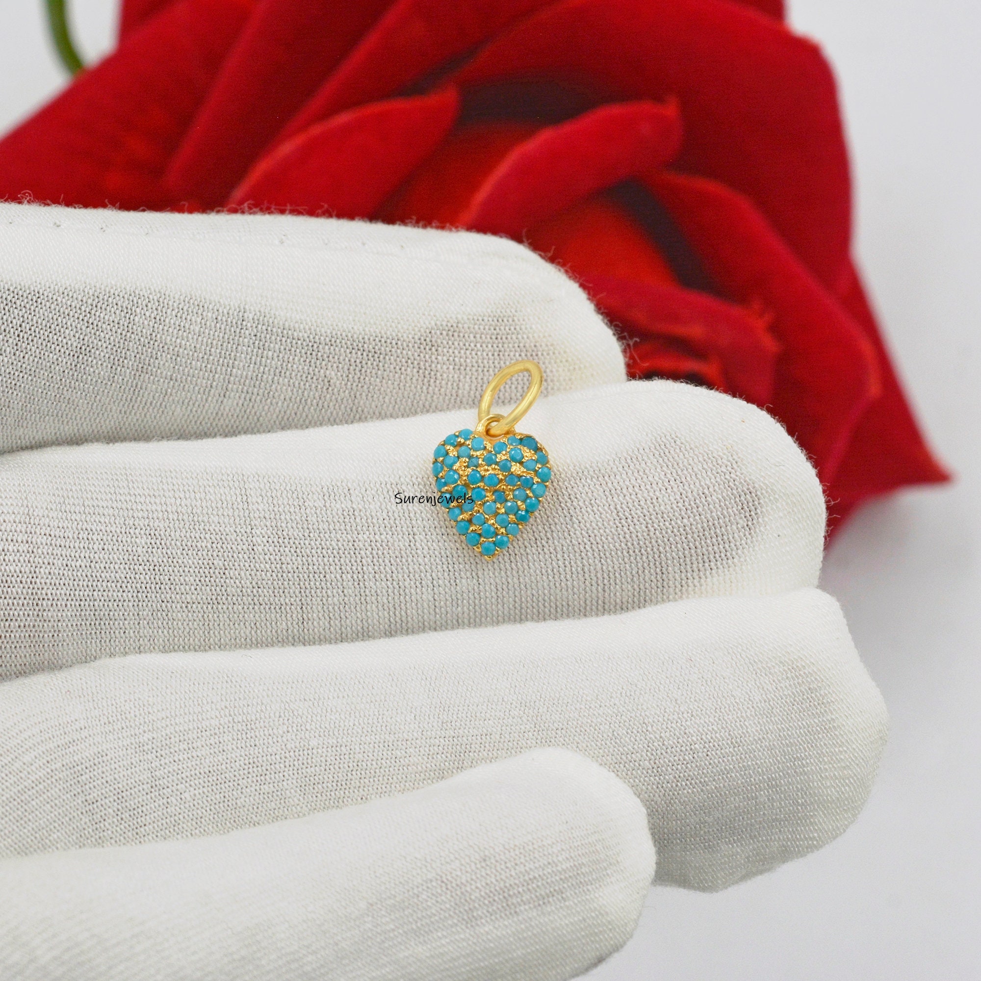 14K Gold Turquoise Heart Charm: Designer Love Pendant - View 4 - Suren Jewels | SKU: SJP1095-SLYGPSP