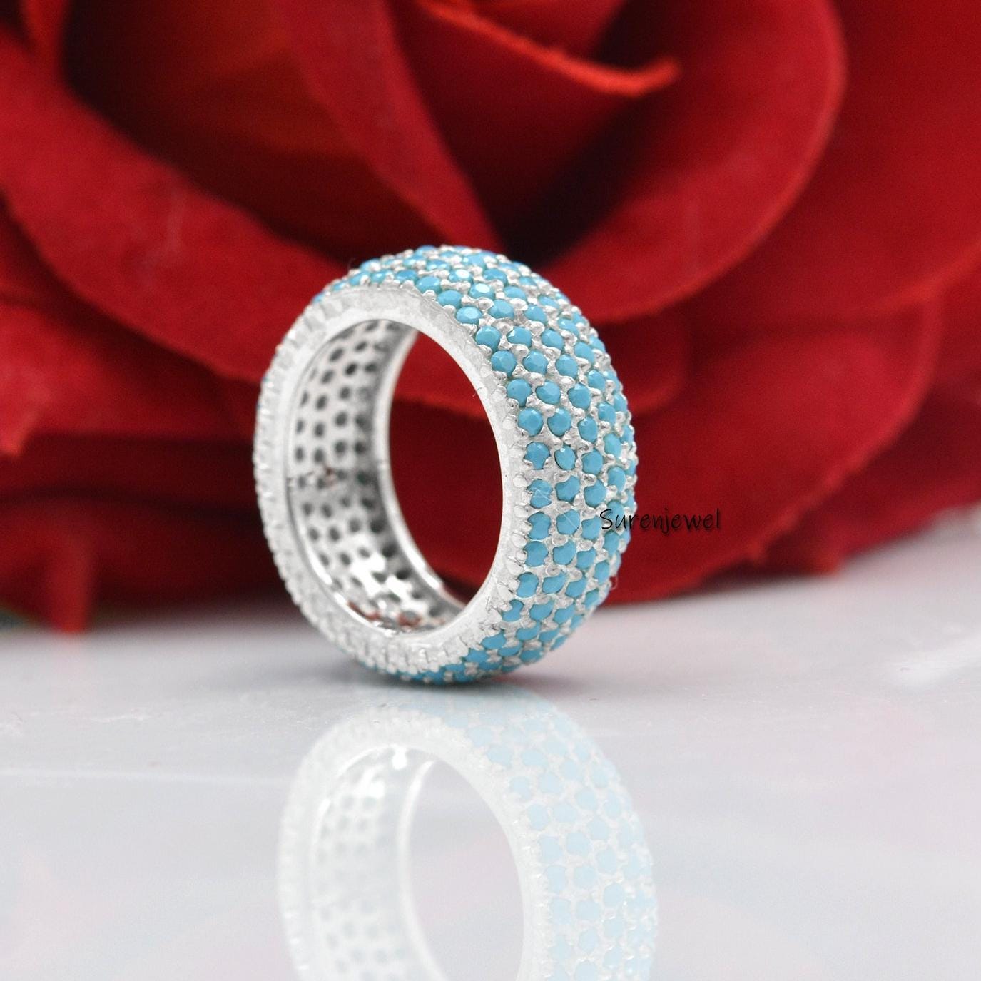 Turkish Turquoise 5 Row Ring, Gemstone Cigar Band - Suren Jewels | SKU: SJR801-SLRGRHTQ-US-8