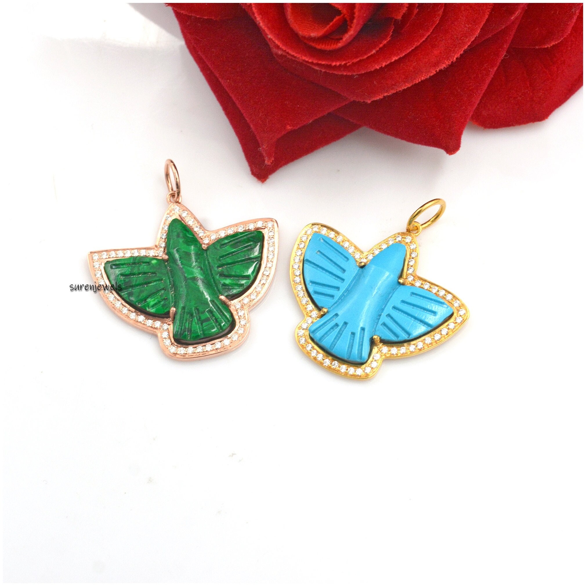 Carved Gemstone Bird Pendant: Designer Flying Swallow Charm - View 2 - Suren Jewels | SKU: SJP1314-SLYGMKMN