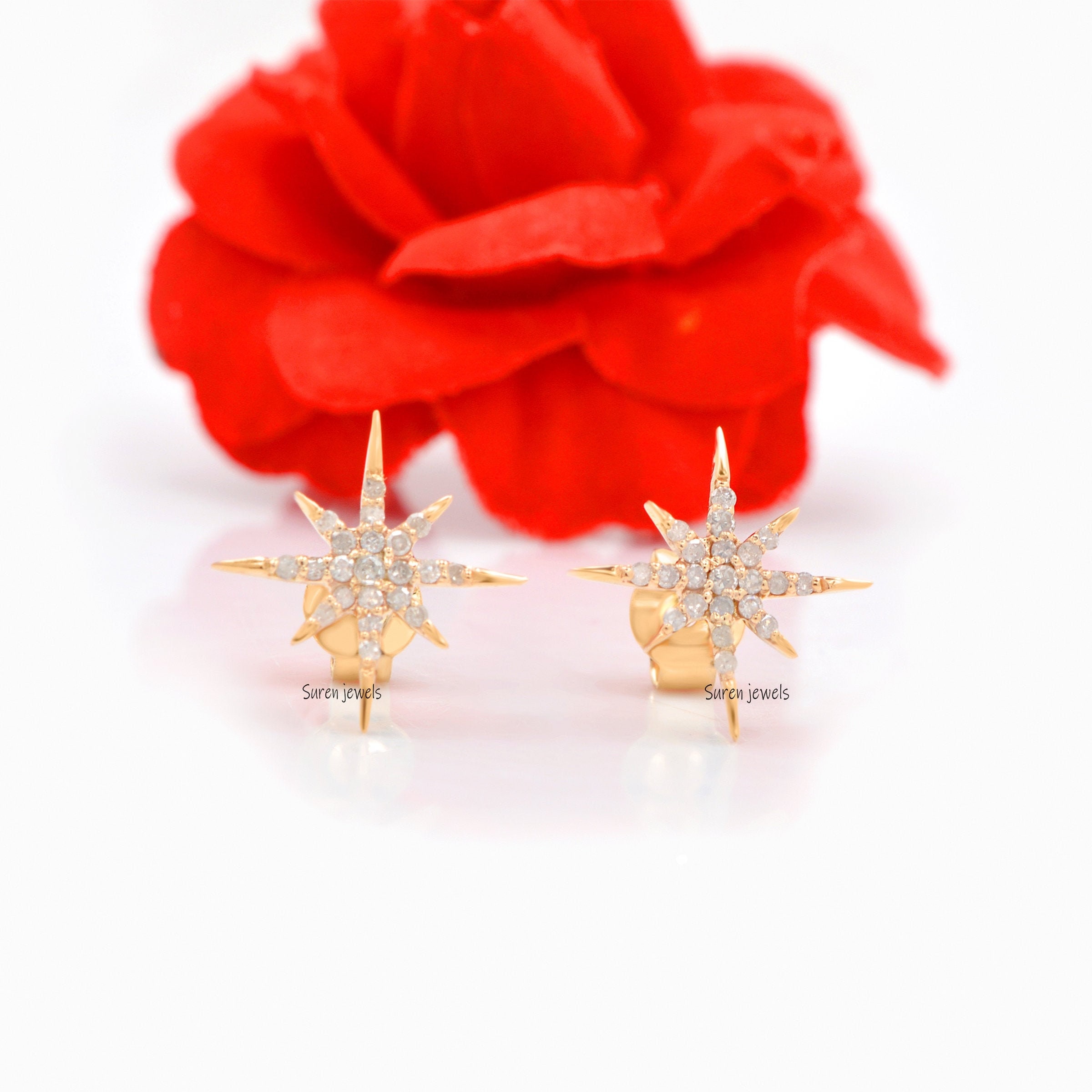 14k Gold Diamond Starburst Studs: Pave Star Earrings - Suren Jewels | SKU: SJE325-14KYGDI