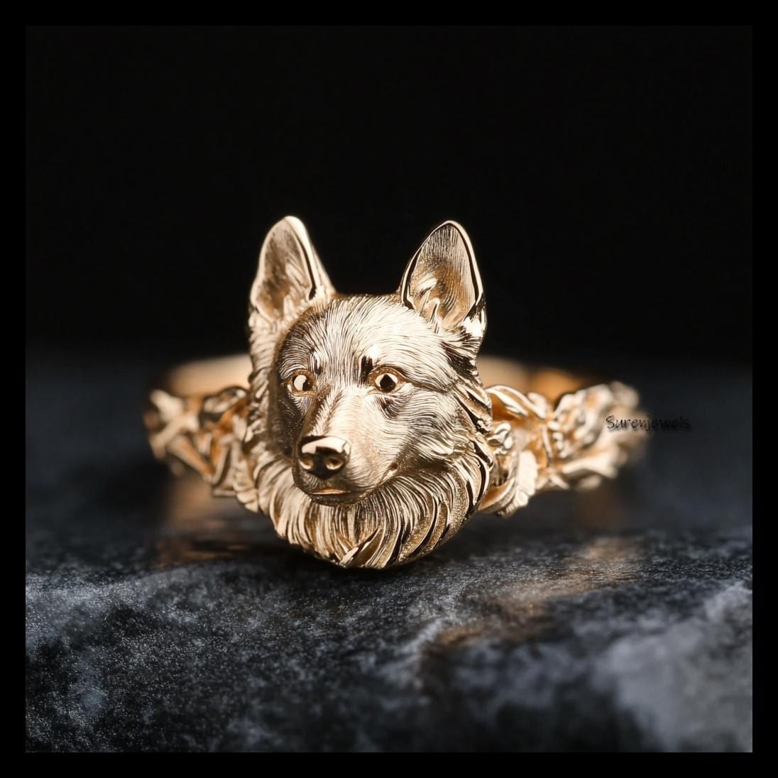 14k Gold German Shepherd Ring, Dainty Dog Jewelry - Suren Jewels | SKU: SJR3201-SLWG-US-6