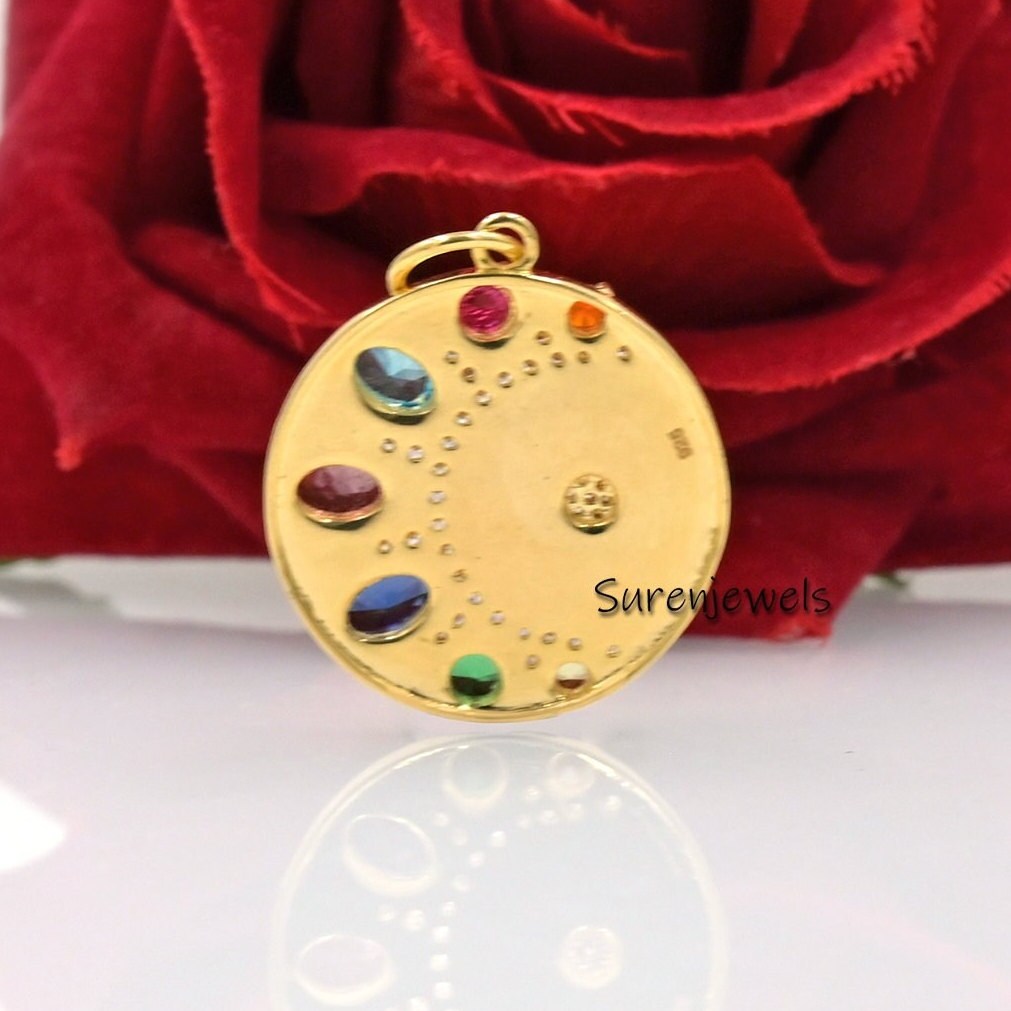 14k Solid Gold Moon Starburst Medallion Charm: Rainbow Sapphire Diamond Pendant - View 3 - Suren Jewels | SKU: SJP3103