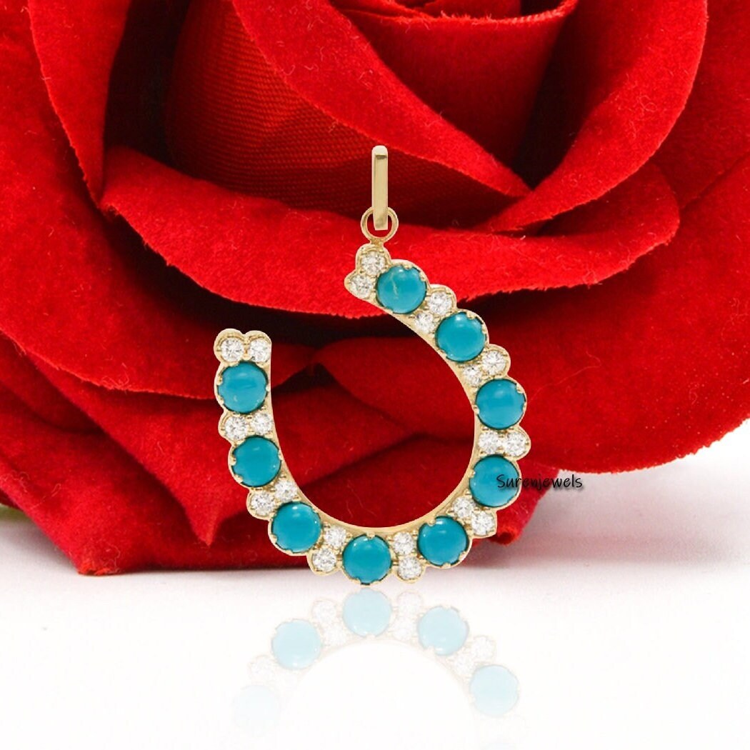 14K Plated Turquoise Horseshoe Pendant: Moissanite Diamond Accent - View 5 - Suren Jewels | SKU: SJP1142-SLYGCZTQ
