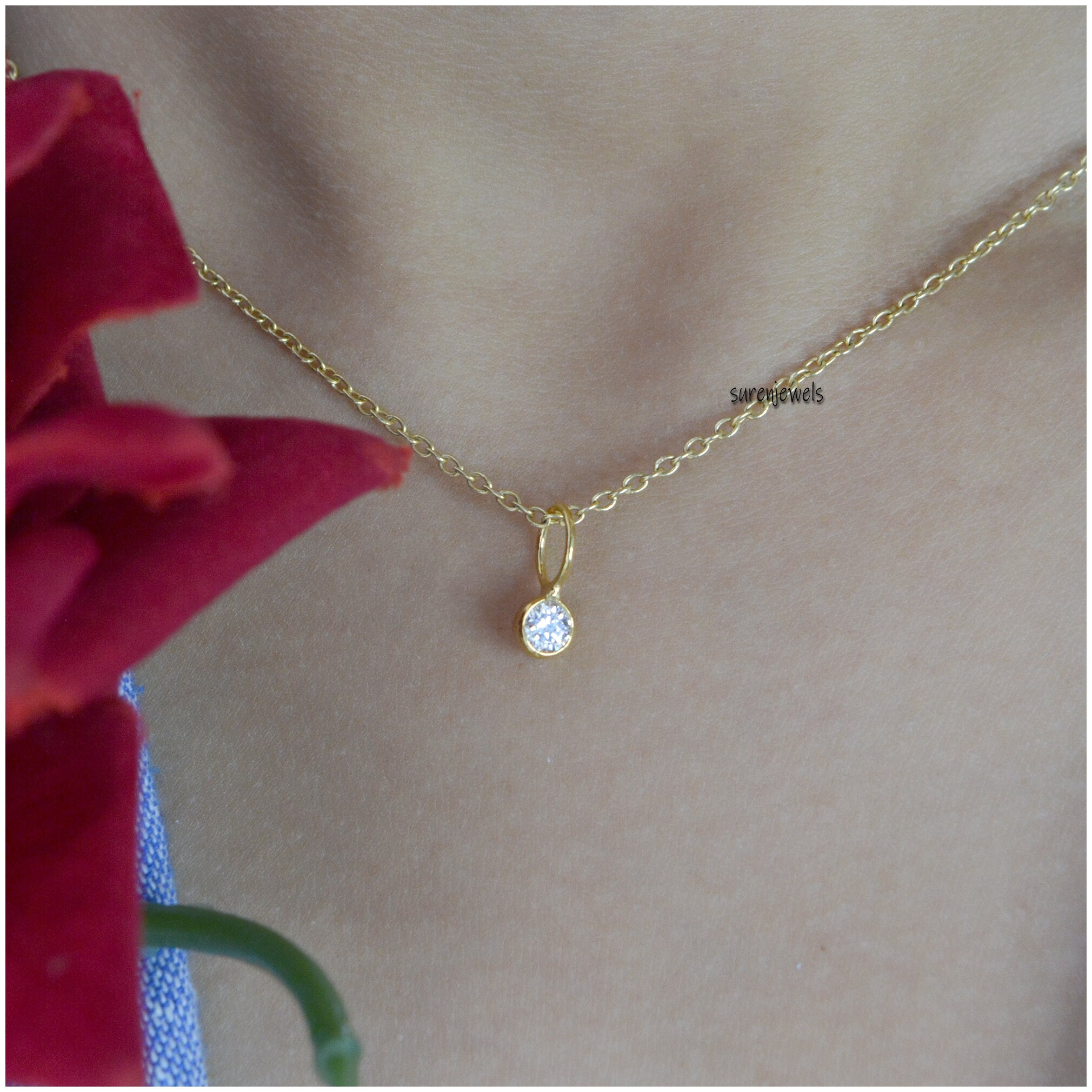 14k Gold Plated Birthstone Pendant: Mini Gemstone Drop Charm - View 6 - Suren Jewels | SKU: SJP468-SLYGSTM