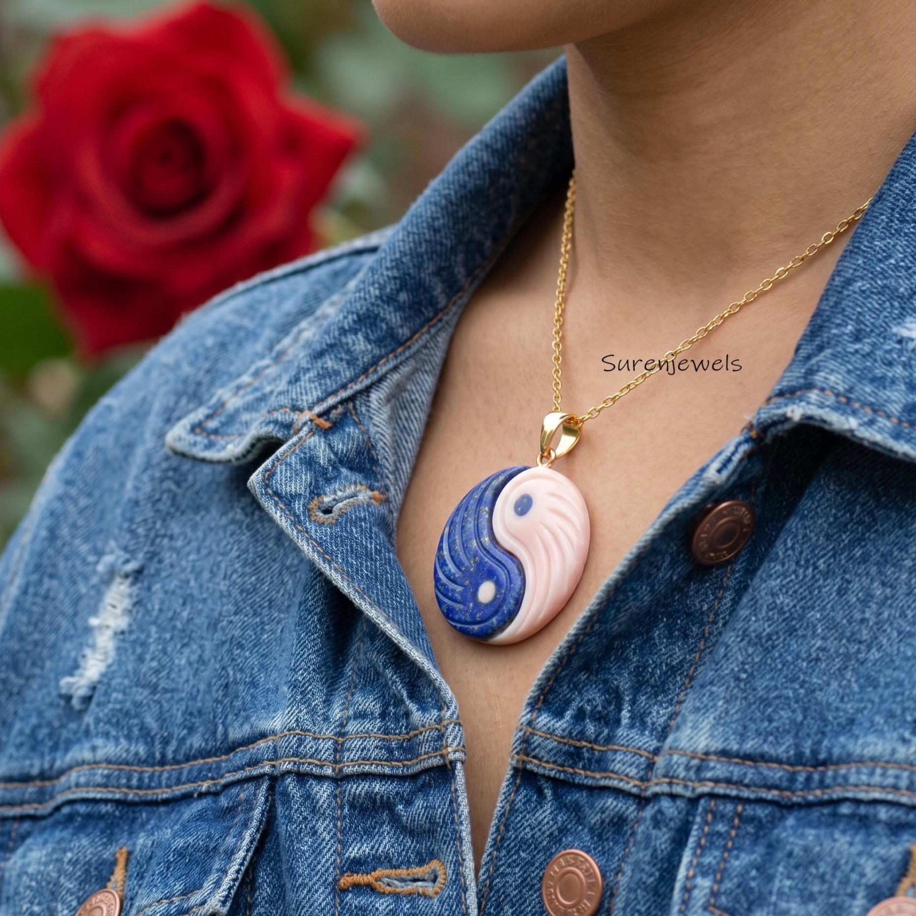 925 Silver Yin Yang Pendant, Natural Lapis Lazuli & Pink Opal Yin Yang Pendant, Handmade Gemstone Spiritual Balance Jewelry -