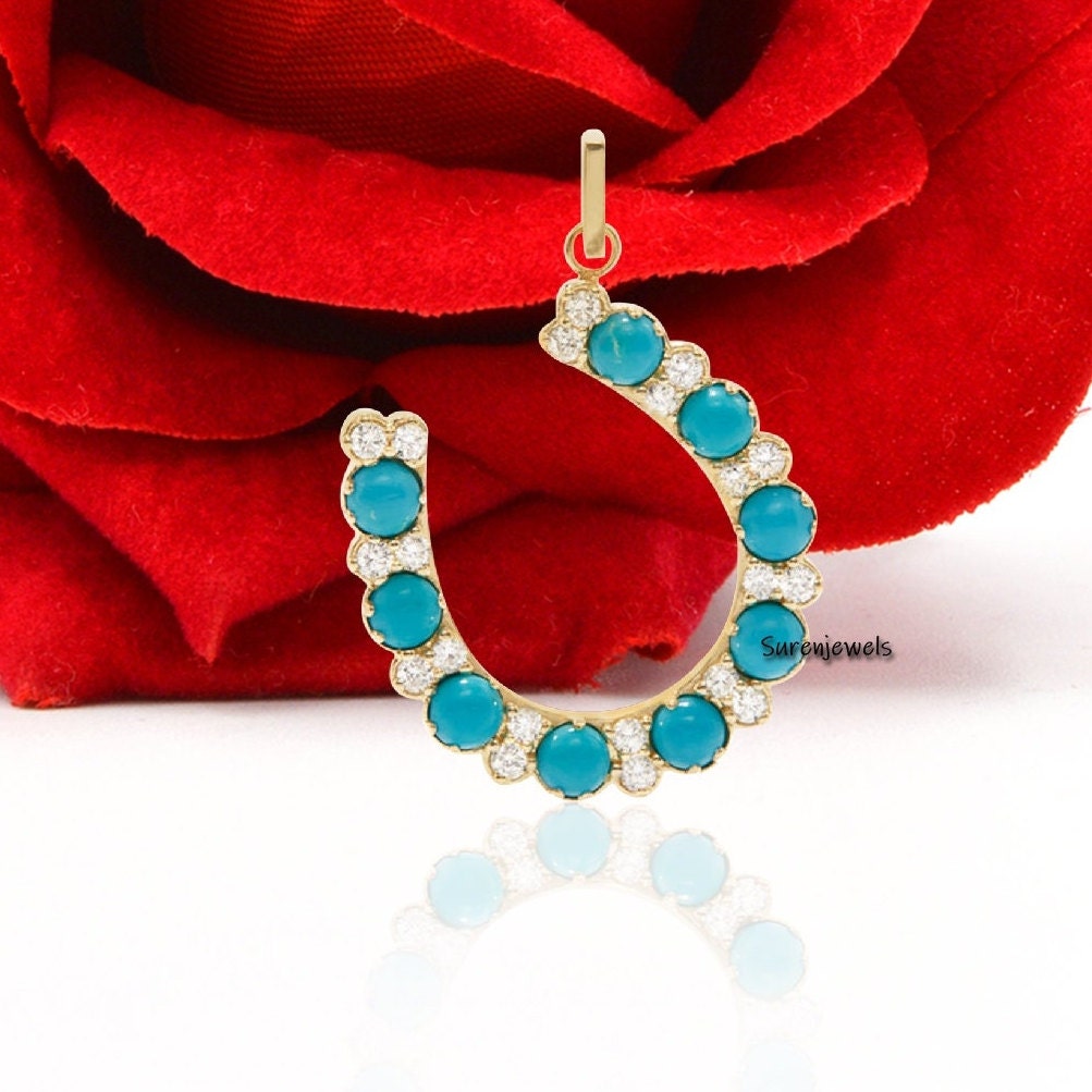 14K Plated Turquoise Horseshoe Pendant: Moissanite Diamond Accent - View 6 - Suren Jewels | SKU: SJP1142-SLYGCZTQ