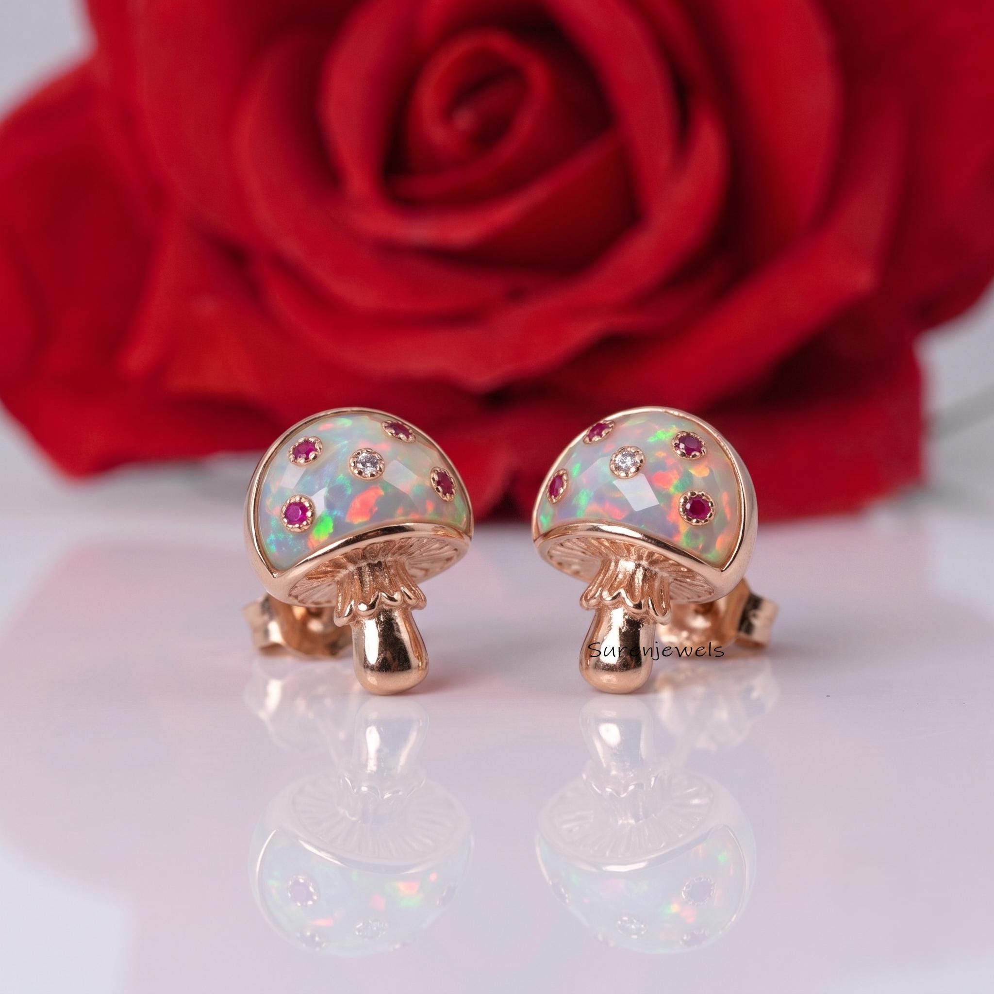 Opal Mushroom Stud Earrings, Tiny Mushroom Jewelry, Gemstone Mushroom Studs, Nature Inspired Gold Earrings, Gift for Her - Su