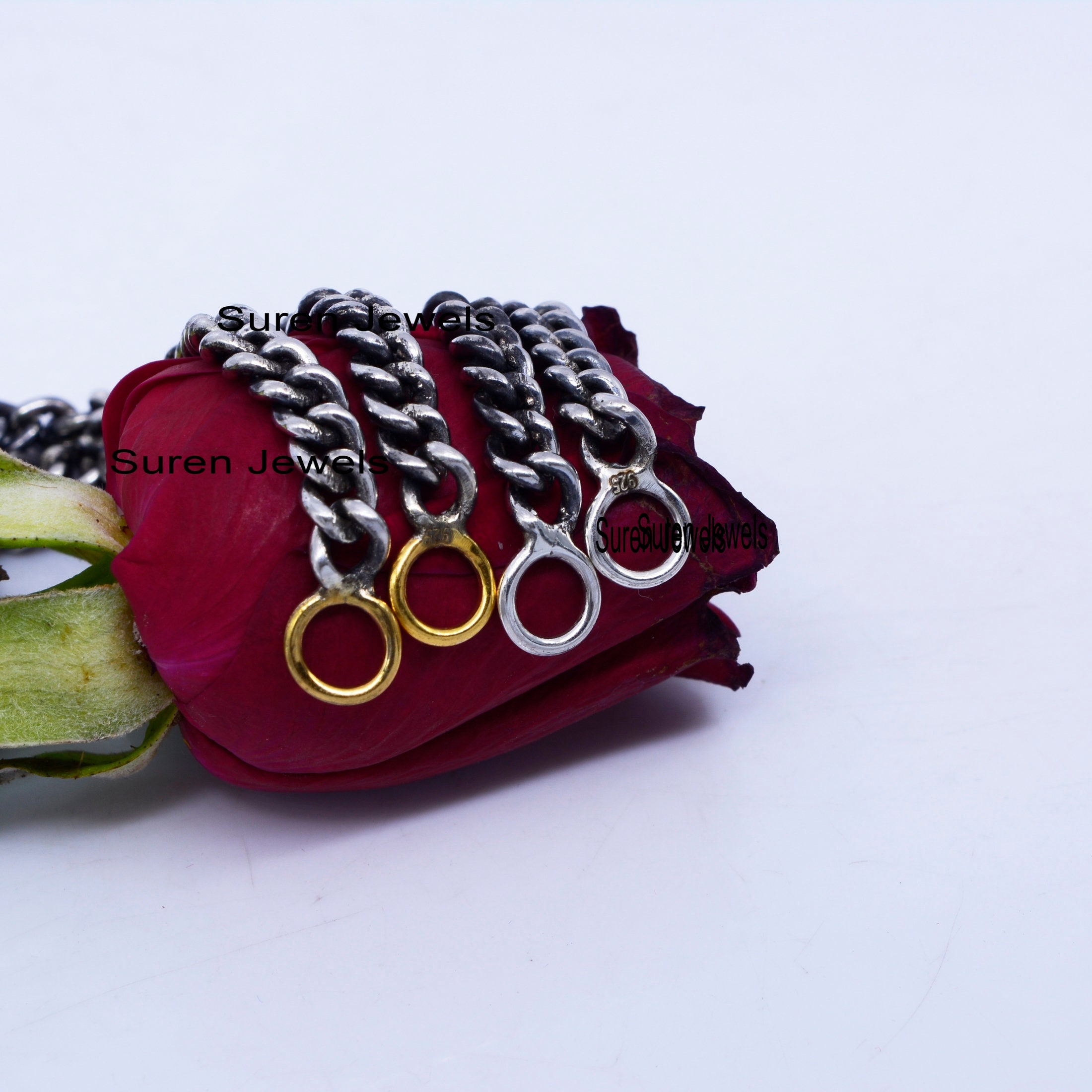 Sterling Silver Curb Chain Necklace: 14K Gold Jump Ring, 5mm Carabiner Lock - View 3 - Suren Jewels | SKU: G17-SLOXYG-26I