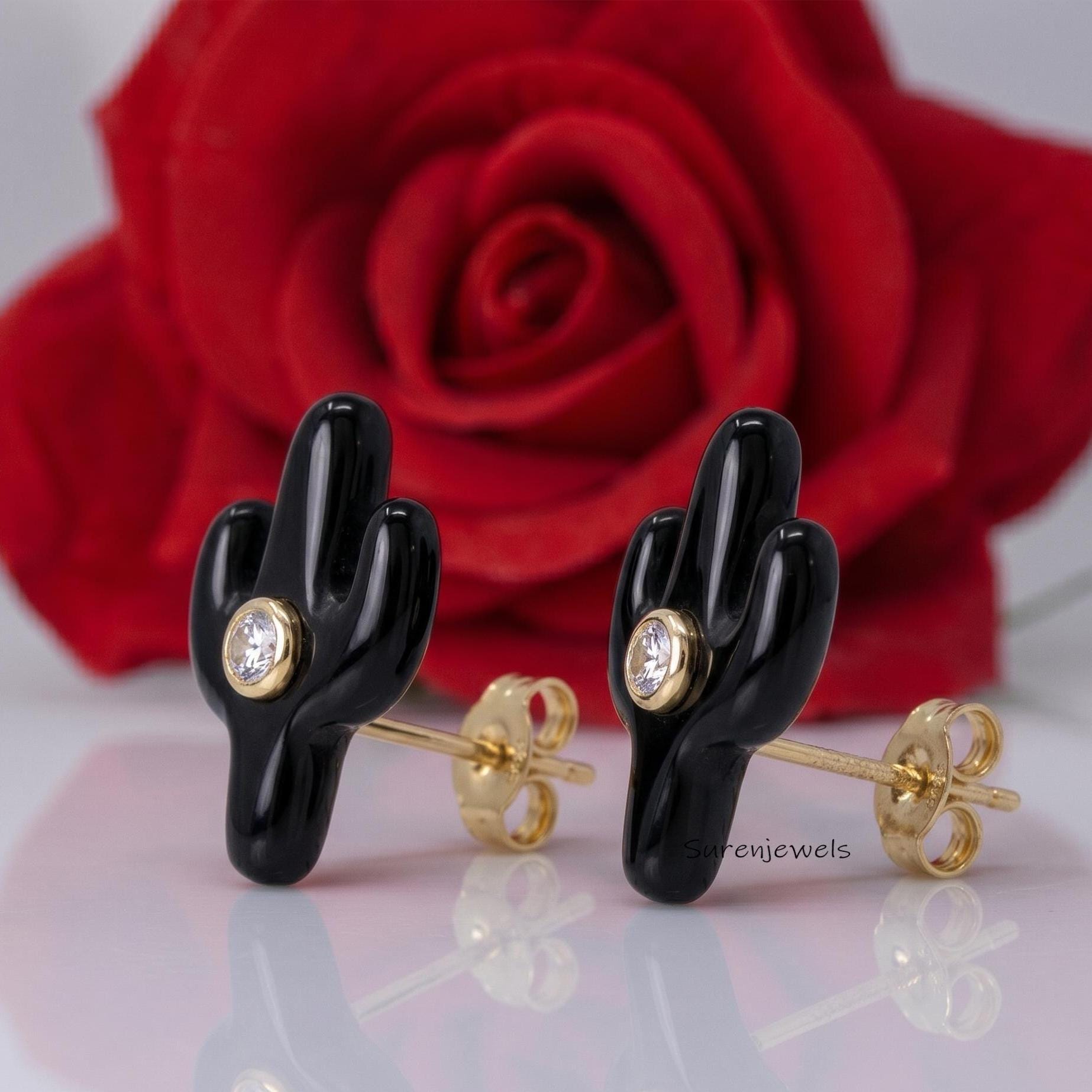 14K Gold Plated Cactus Studs, Lucky Cactus Studs, Cute Gemstone Cactus Studs, Summer Style Cactus Studs, Trendy Cactus Studs