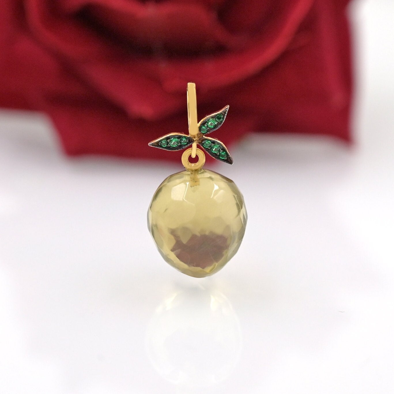 14K Gold Gemstone Lemon Fruit Pendant, Designer Lemon Pendant, Gold Carved Lemon Charm, Yellow Quartz Lemon Pendant, Handmade Lemon Pendant