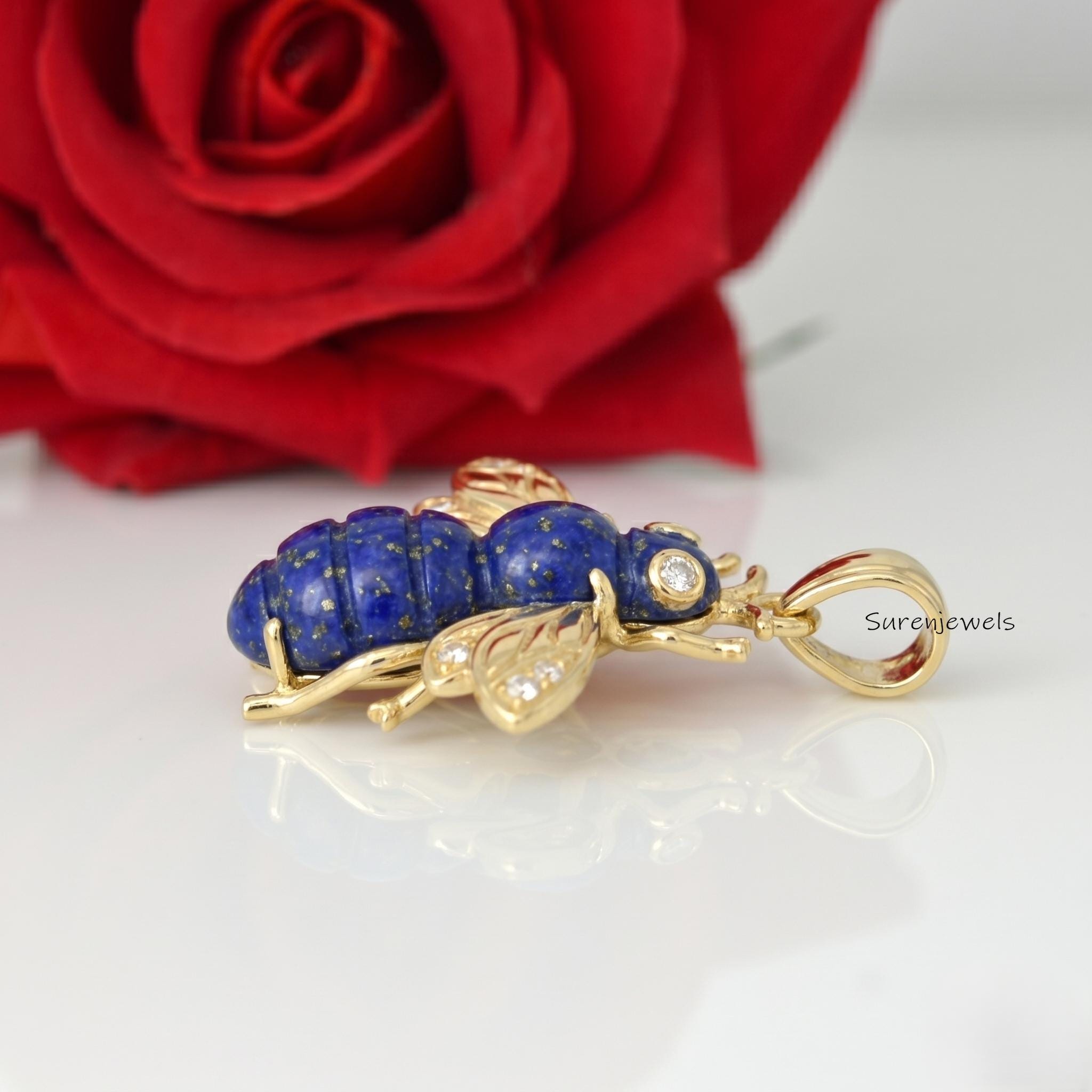 14k Solid Gemstone Bee Pendant, Opal Bee Pendant, Dainty Honey Bee, Gemstone Queen Bee Bug Pendant, Gemstone Bee Pendant, Car