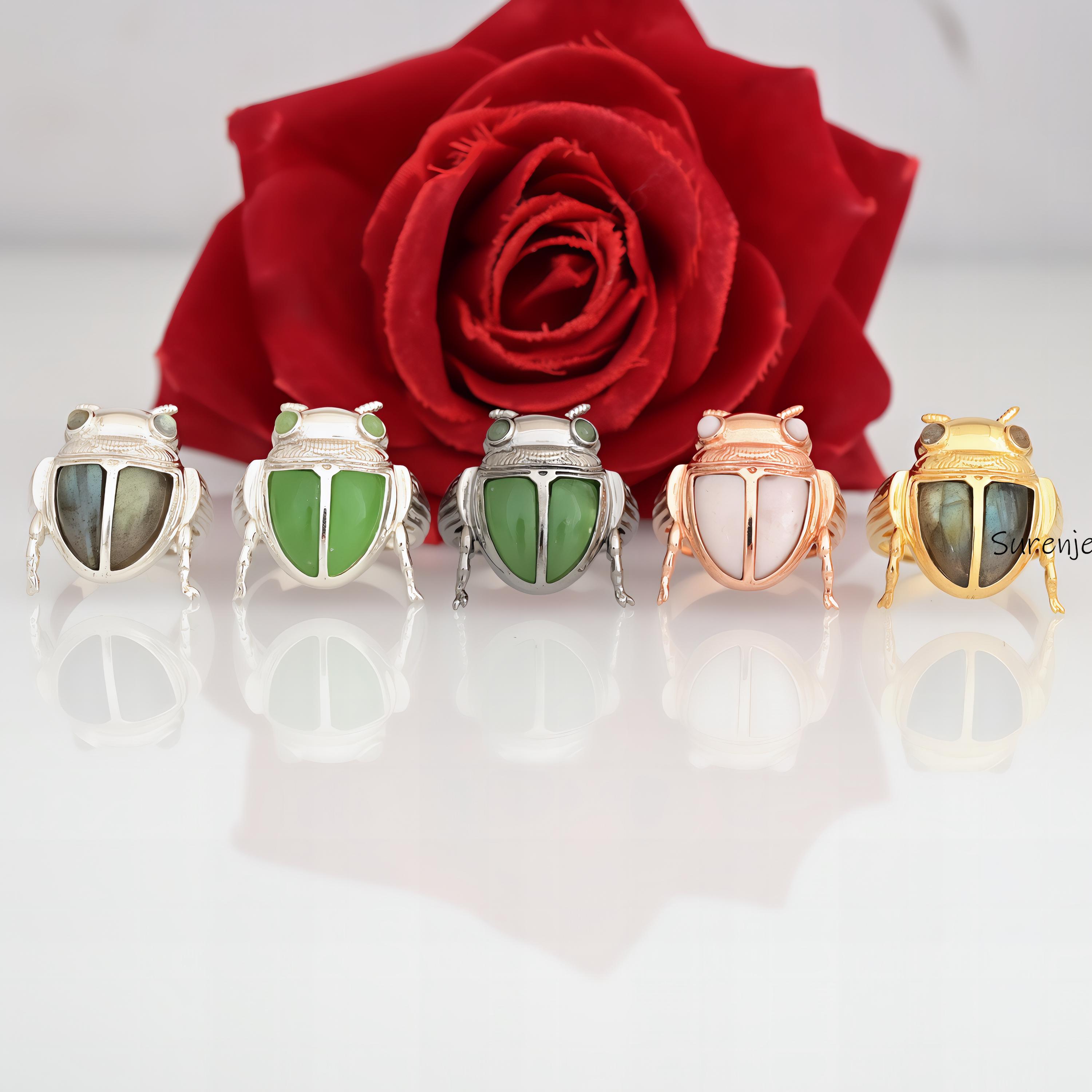 14k Gold Gemstone Scarab Beetle Ring: Egypt-Inspired Lucky Jewelry - Suren Jewels | SKU: SJR2756-SLWGMSLB-US-8,SJR,SJR2753-SL