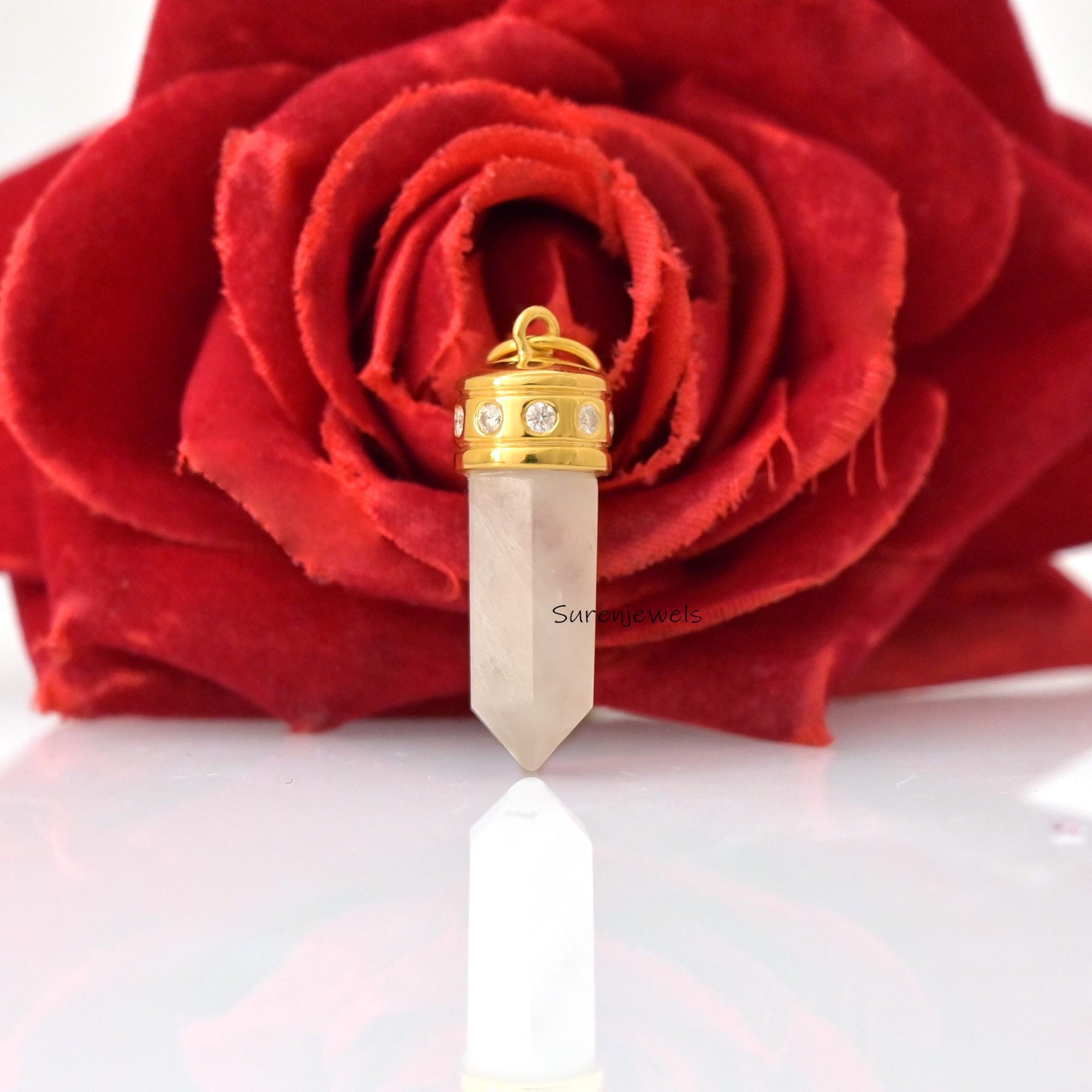 14K Gold Moonstone Point Pendant with Moissanite Diamond - View 6 - Suren Jewels | SKU: SJP,SJP6060-SLYGMSMN-30M