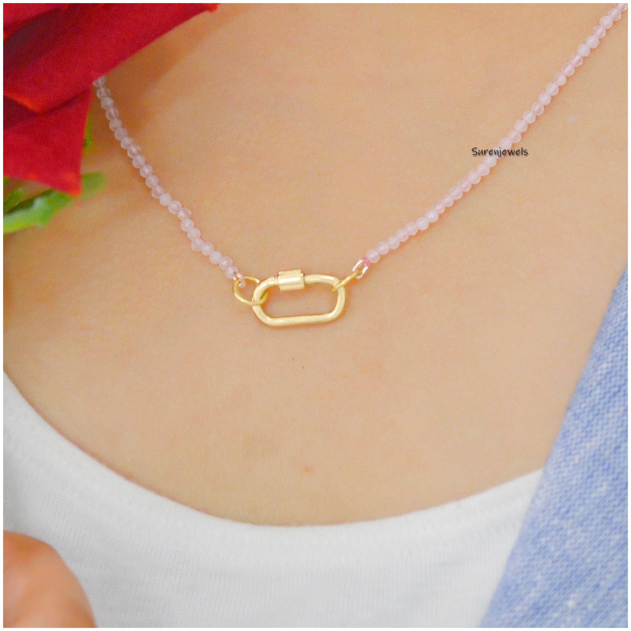 14k Gold Lapis Beads Chain Necklace: Carabiner Clasp - View 2 - Suren Jewels | SKU: SJC130-14KYG-16M-N219-18I