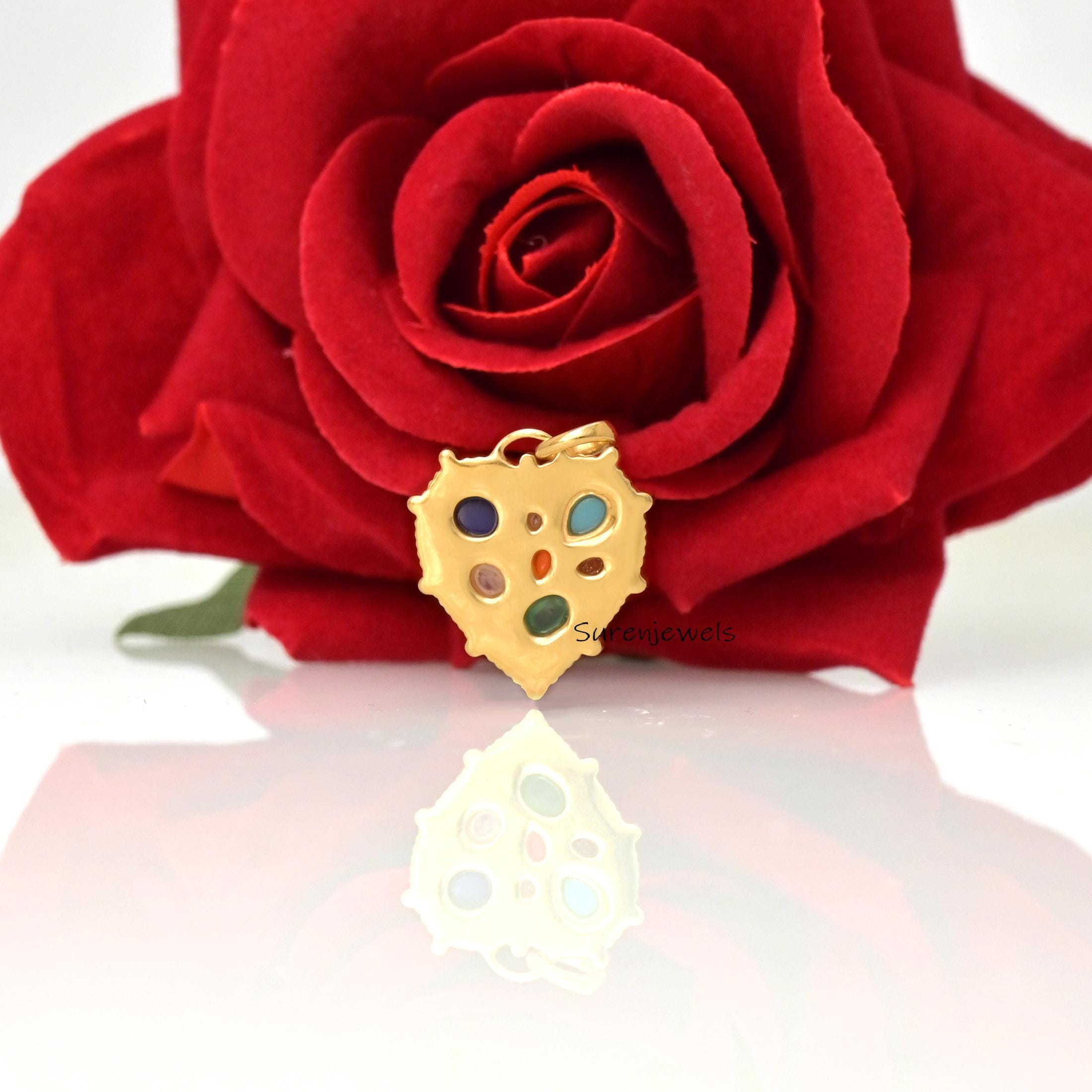 14k Gold Multi Gemstone Heart Pendant: Dainty Handmade Design - View 3 - Suren Jewels | SKU: SJP5046-
