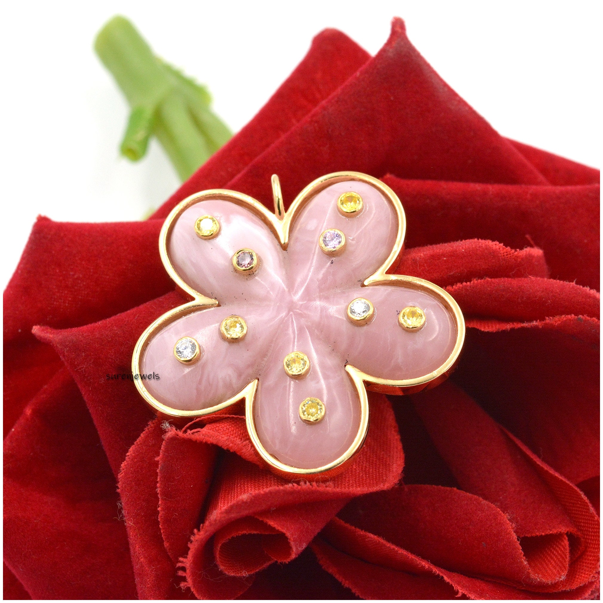 14K Gold Flower Pendant: Hand Carved Gemstone Summer Jewelry - View 2 - Suren Jewels | SKU: SJP1436-SLYGPOPMTCS-40M